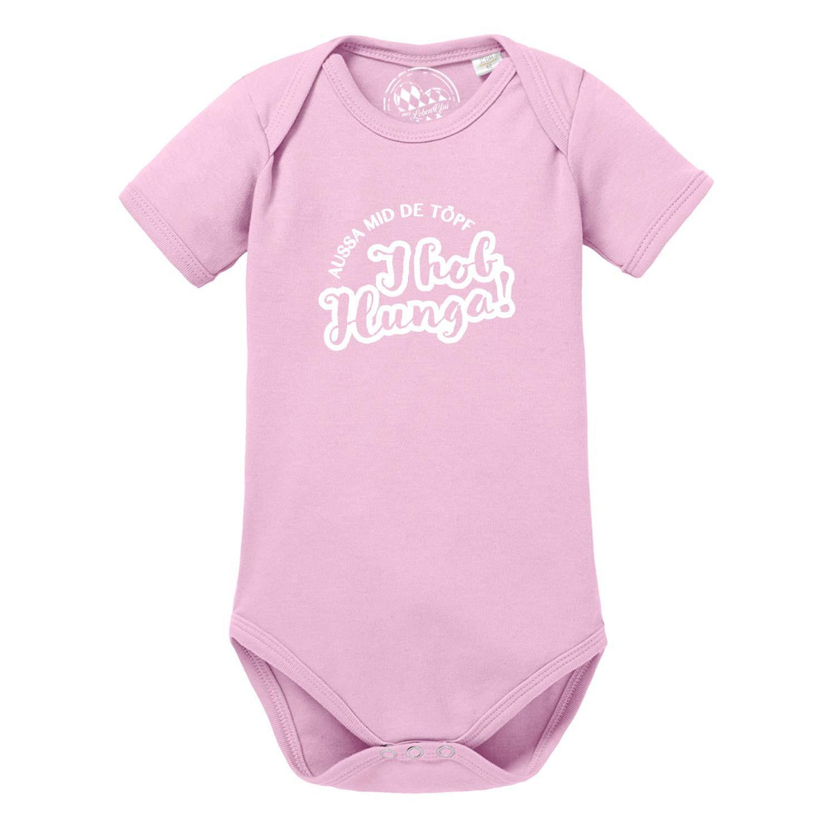 Baby Body "Aussa mid de Töpf…", kurzärmelig, rosa mit weißem Spruch und Druckknöpfen im Schritt.