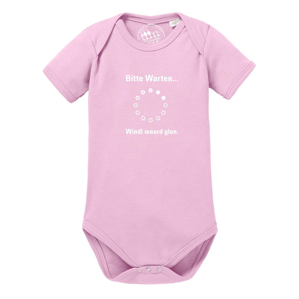 Rosa Baby Body Bitte wartn… mit weißem Lade-Symbol und lustigem Spruch für Neugeborene