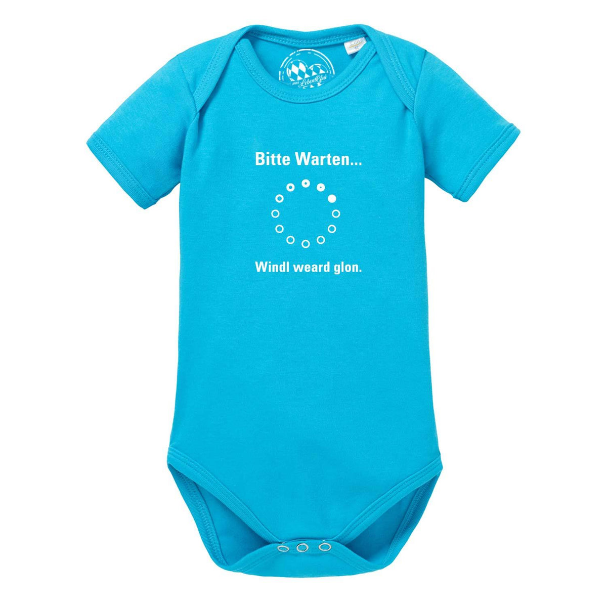 Baby Body Bitte wartn… in leuchtendem Türkis mit weißem Schriftzug und Ladesymbol für Babys.