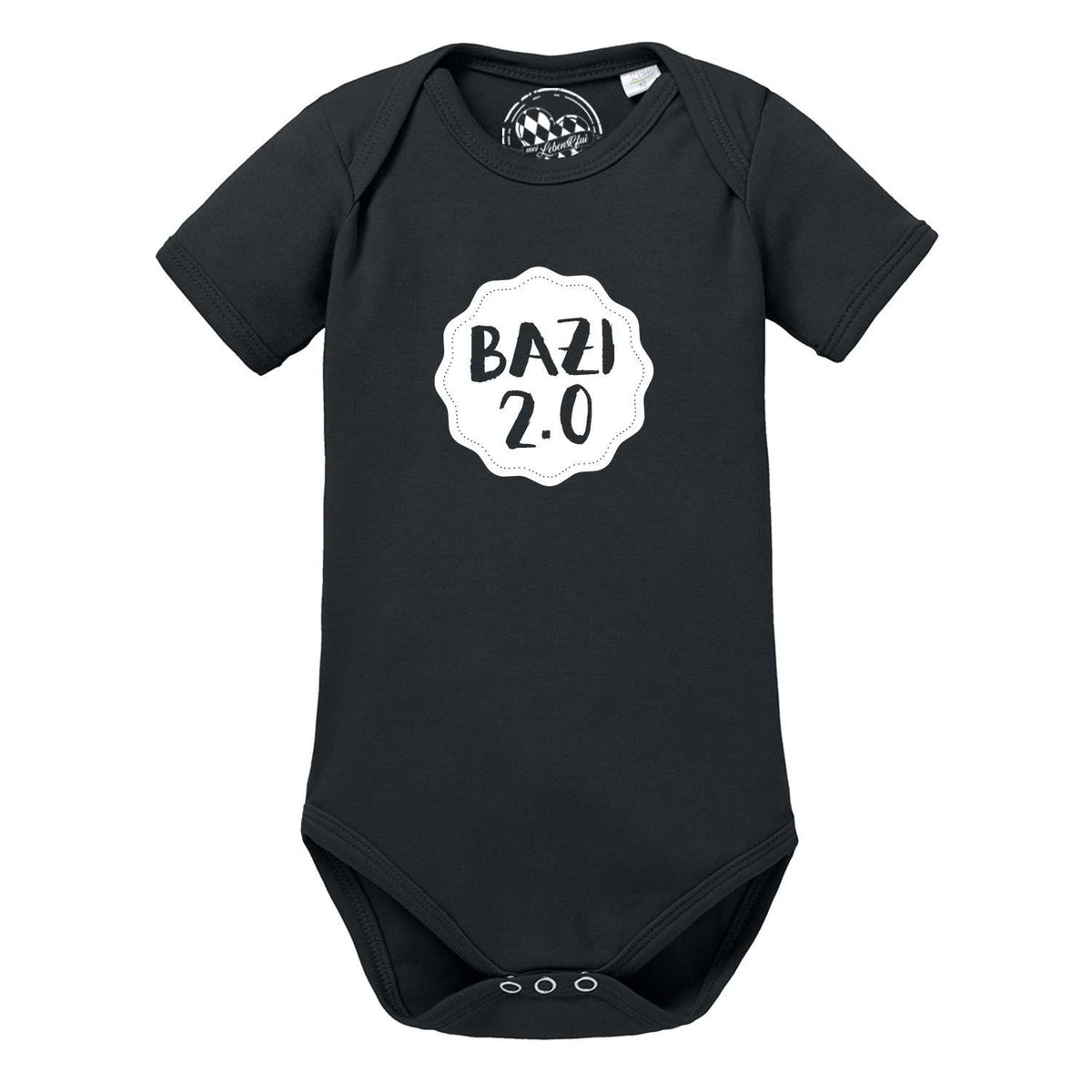 Schwarzer Baby Body "Bazi 2.0" mit kurzem Arm und weißem Schriftzug, Druckknöpfen im Schritt