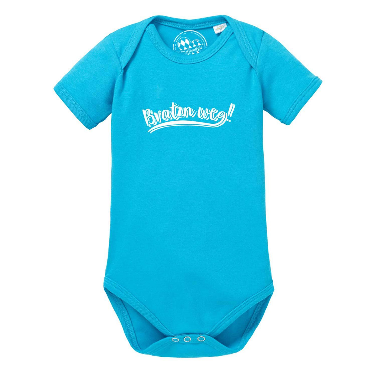Blauer Baby Body Bratzn weg aus Baumwolle mit weißem Schriftzug, kurzarm, Druckknöpfen im Schritt