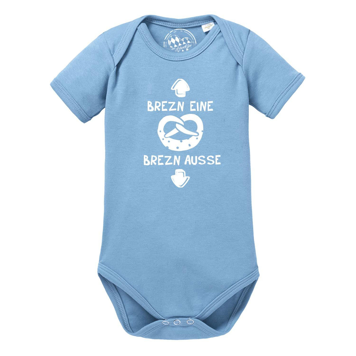 Hellblauer Baby Body "Brezn" mit weißem Brezen-Motiv und Text Brezn eine Brezn ausse für Babys.