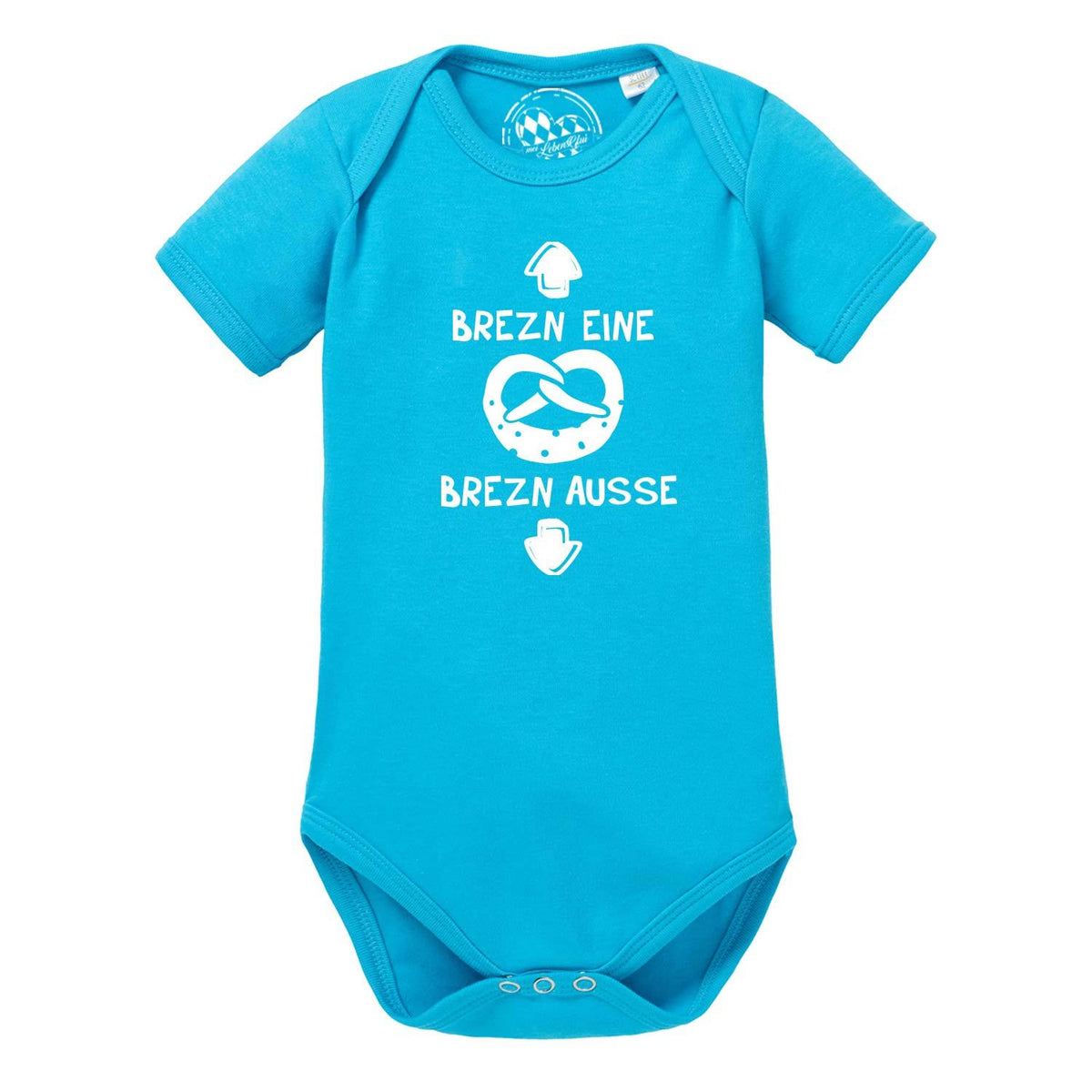 Türkiser Baby Body Brezn mit weißem bayerischem Spruch Brezn eine Brezn ausse und Brezen-Motiv.