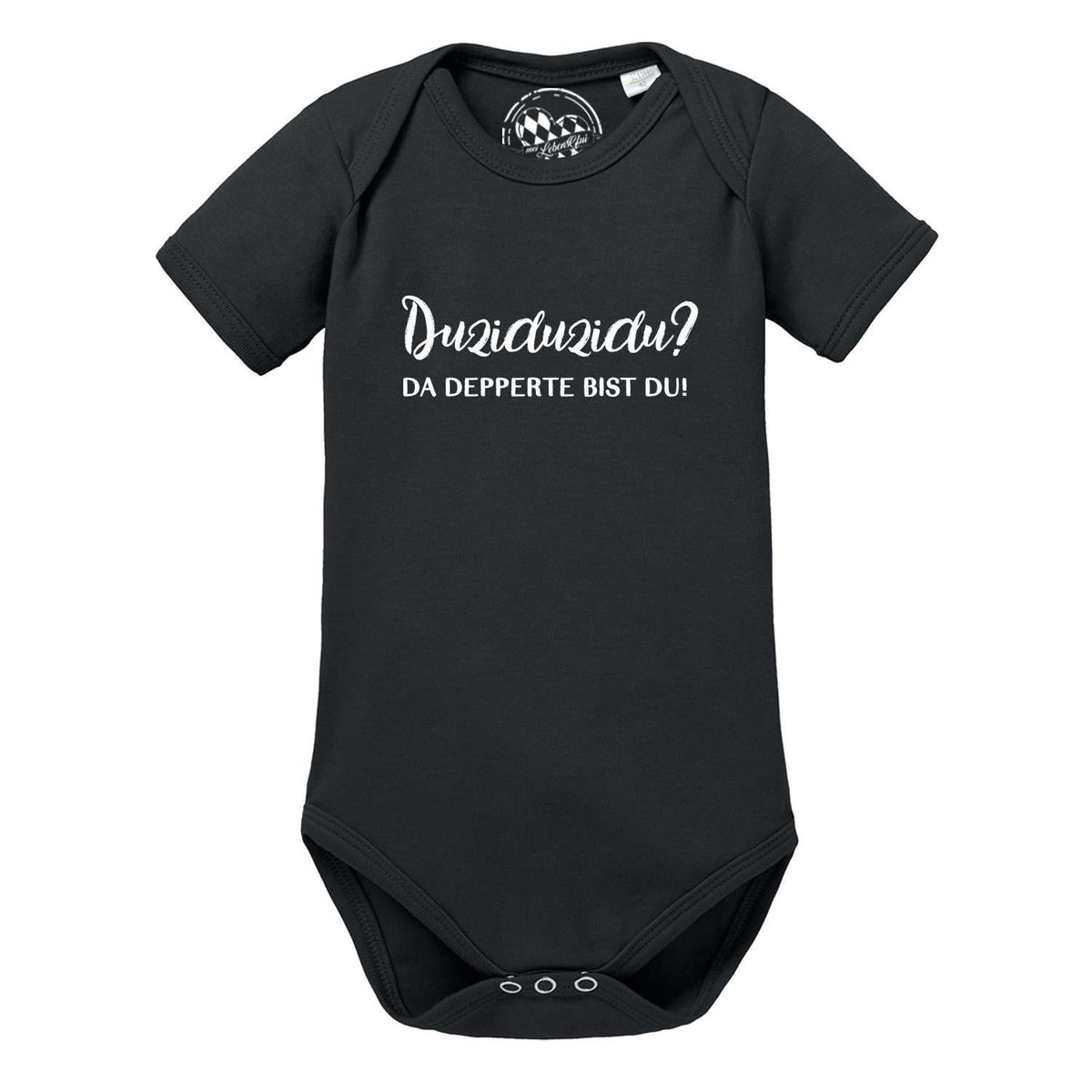 Baby Body Duziduzidu in Schwarz mit weißem Schriftzug; bedruckter Kurzarm-Strampler aus Baumwolle.