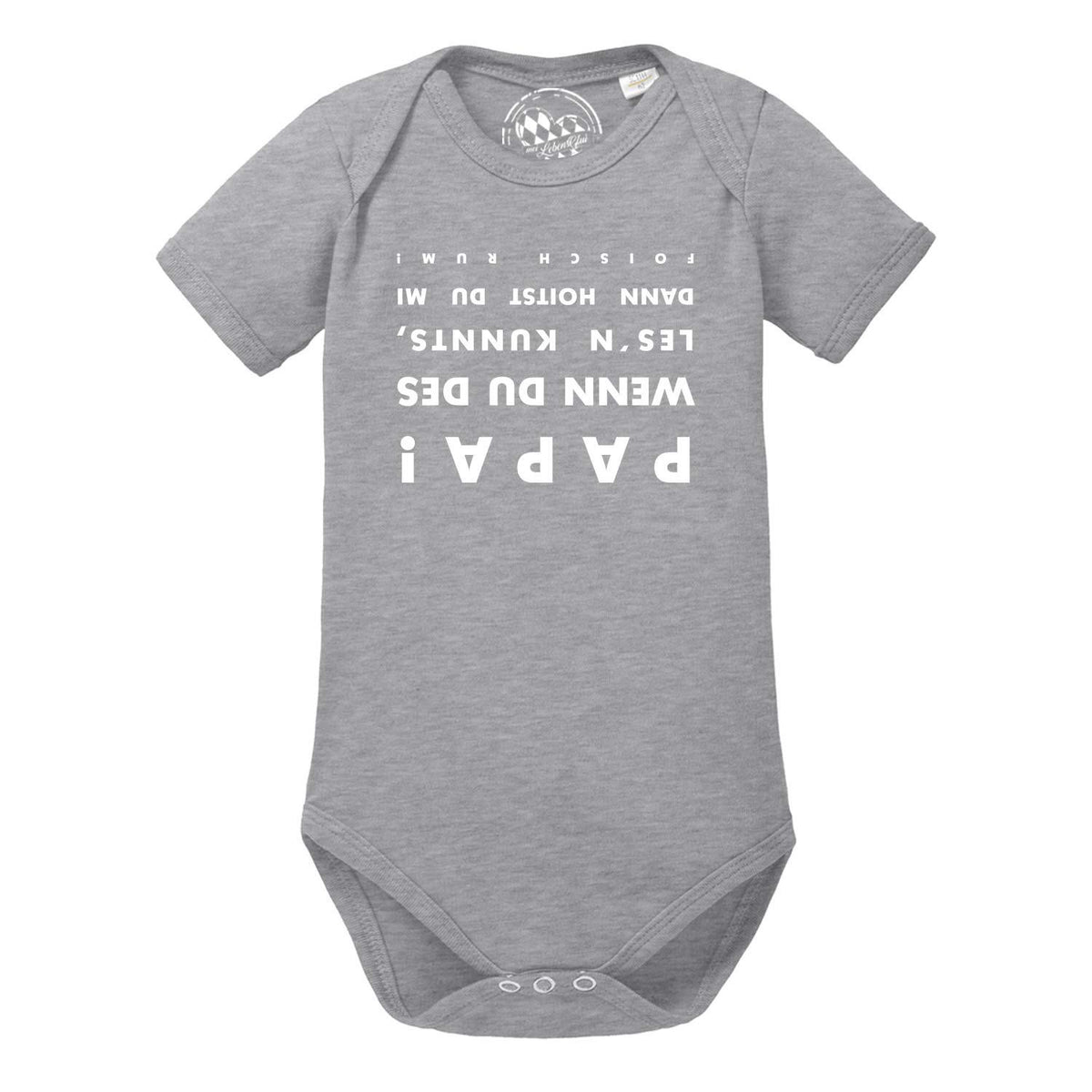 Grauer Baby Body falsch rum mit lustigem, umgedrehtem Aufdruck PAA!, ideal als Papa Geschenk.