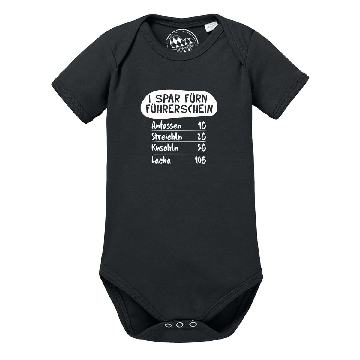 Schwarzer Baby Body fürn Führerschein mit lustigem Spruch und Preisliste für Kuscheln.