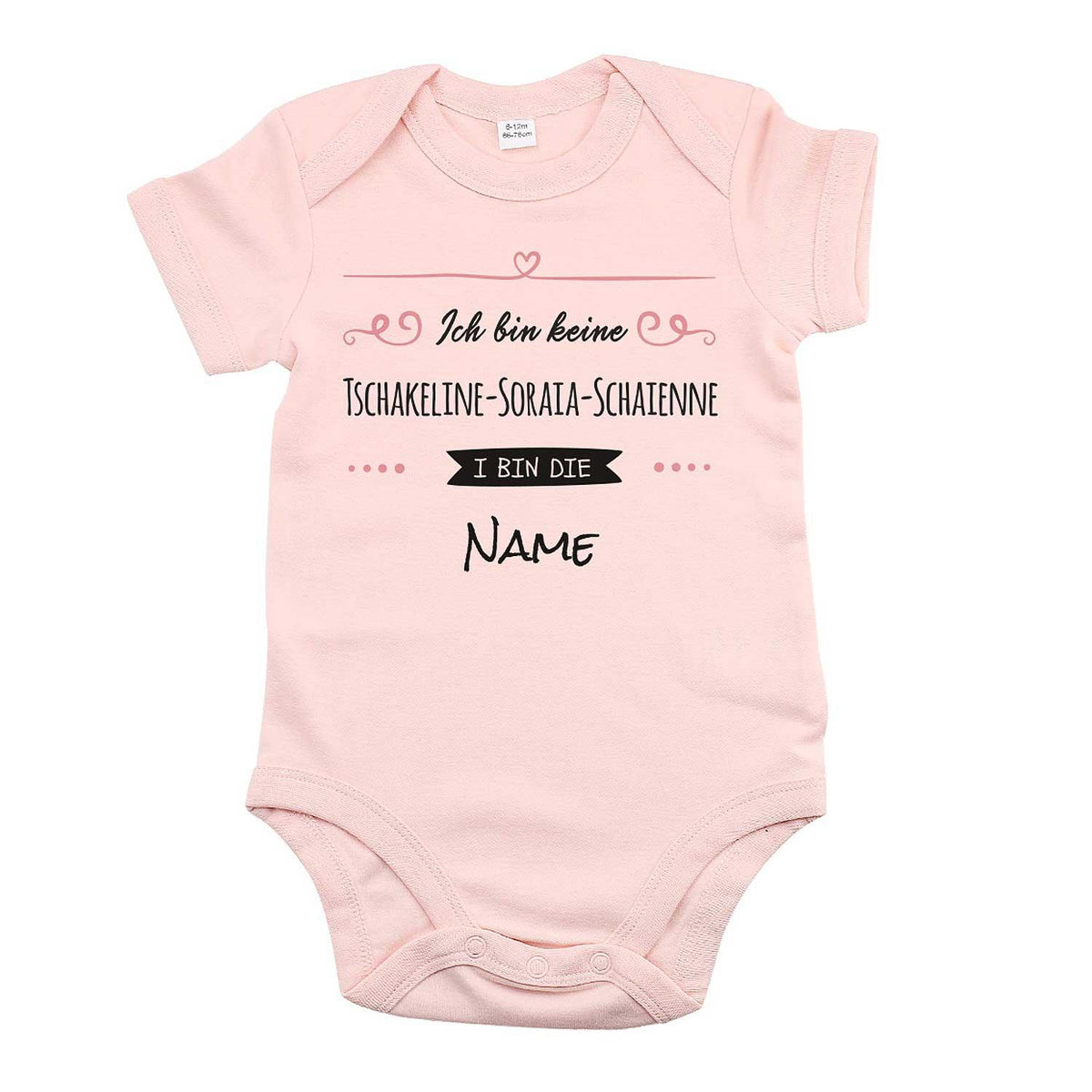 Baby Body I bin die Wunschname, rosa mit schwarzem Spruch. Personalisiertes Geschenk für Mädchen.