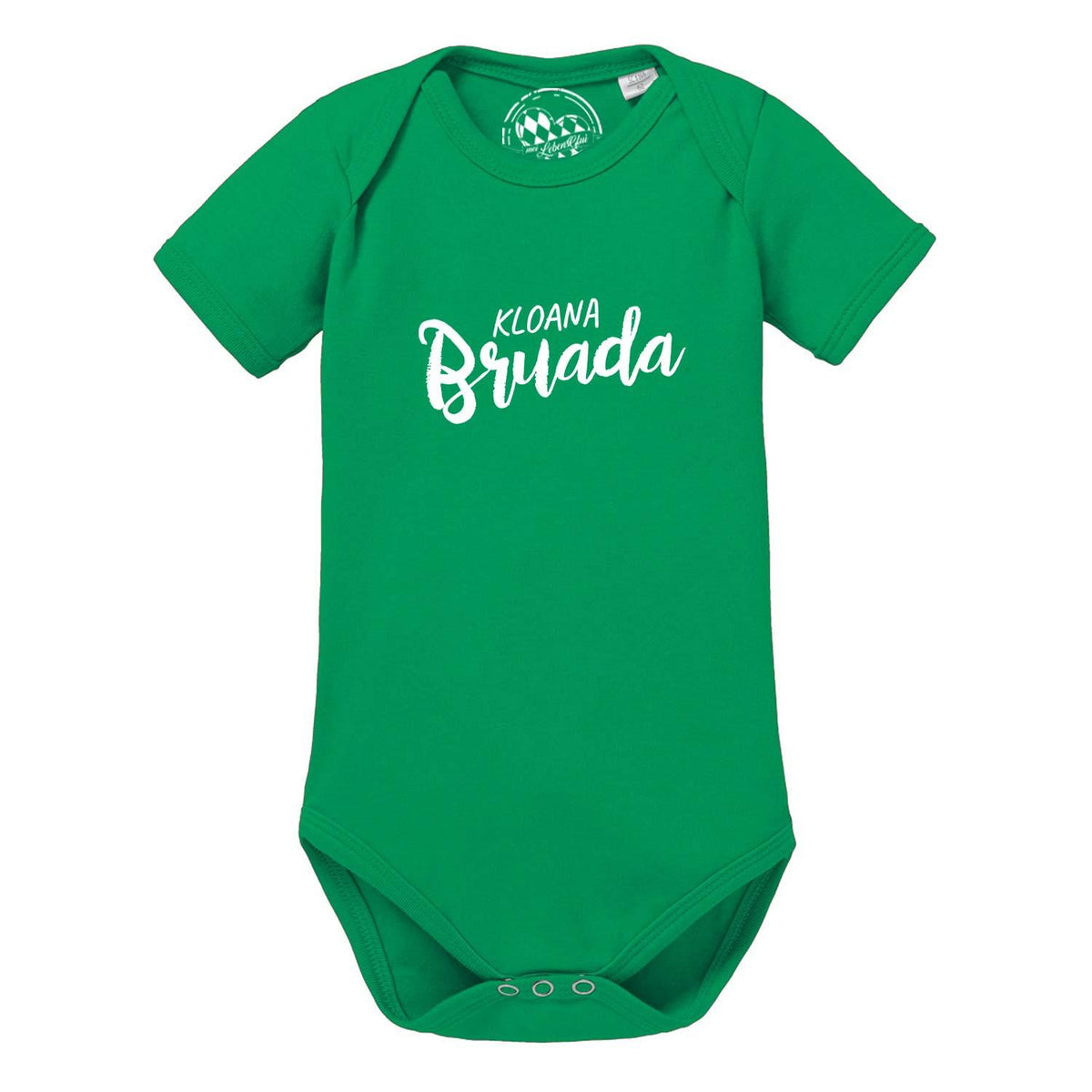 Grüner Baby Body Kloana Bruada aus Baumwolle mit weißem, handschriftlichem Aufdruck und Druckknöpfen.