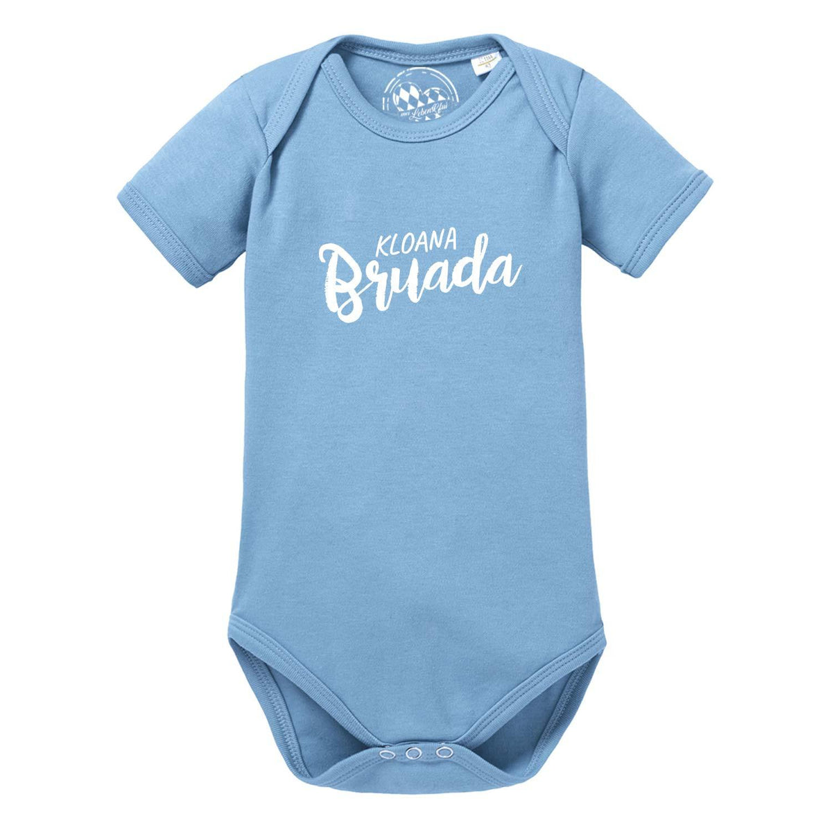 Blauer Baby Body Kloana Bruada aus Baumwolle mit weißem Schriftzug, kurzärmelig und Druckknöpfen.