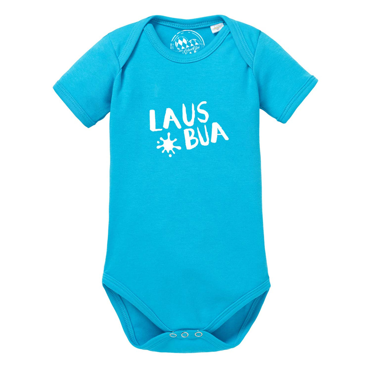 Türkisfarbener Baby Bodysuit mit kurzen Ärmeln und weißem Aufdruck Lausbua, Druckknöpfe im Schritt