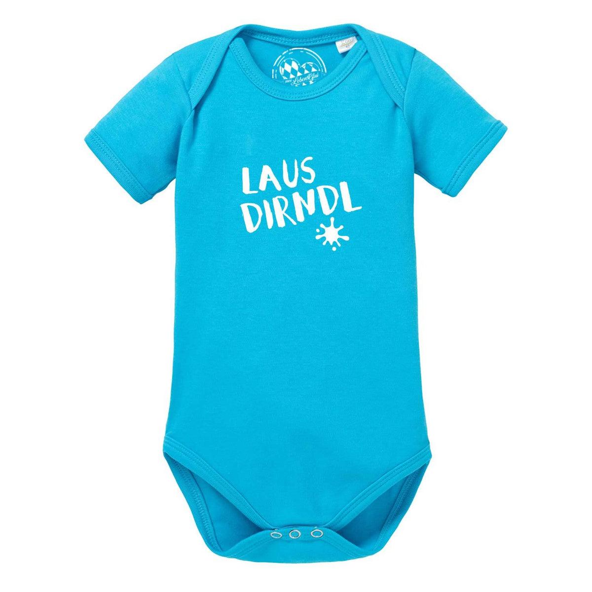 Baby Body Lausdirndl in Türkis mit weißem Schriftzug und Stern-Motiv auf der Brust.