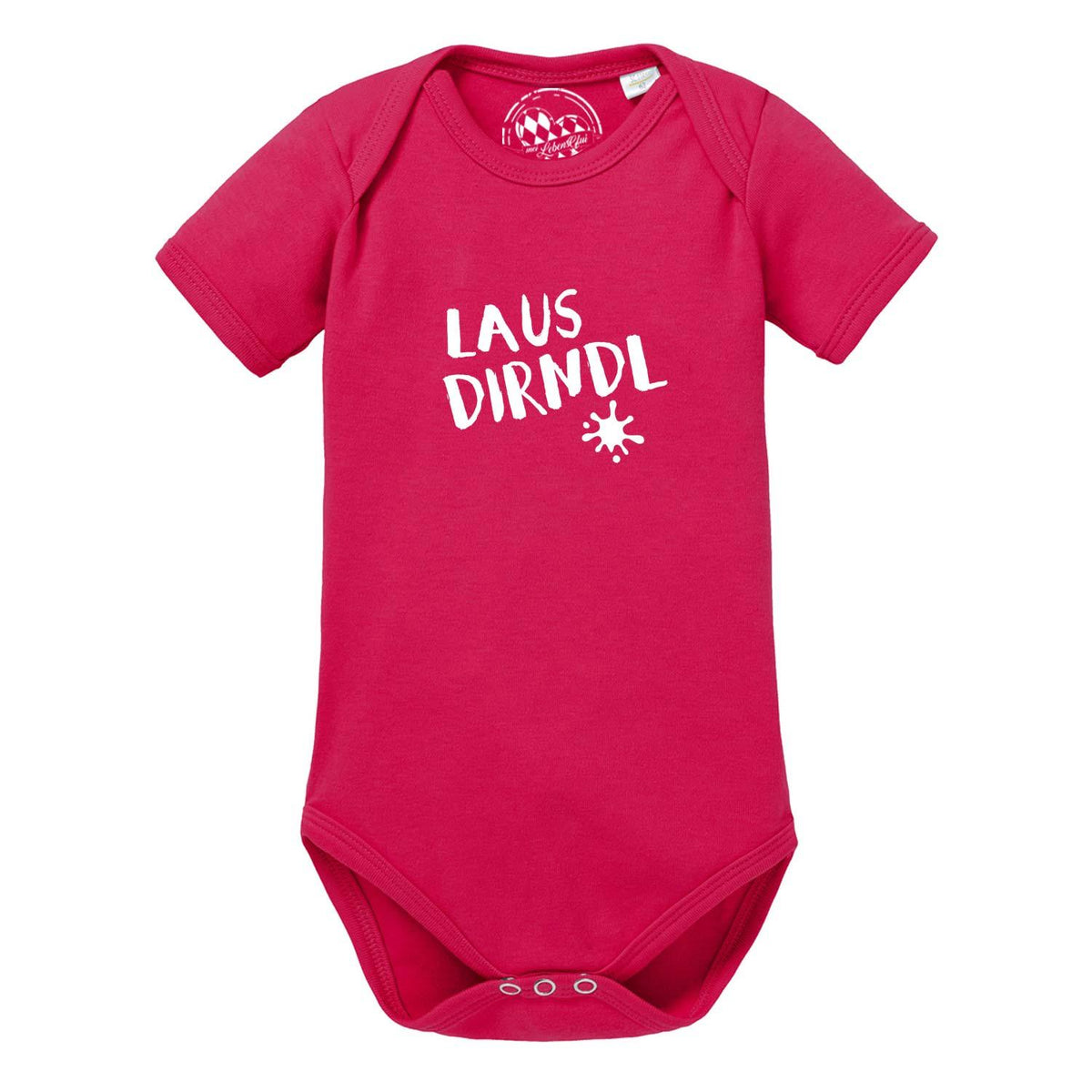 Baby Body Lausdirndl in kräftigem Rosa mit weißem Schriftzug und kurzem Ärmel, Druckknöpfe im Schritt.