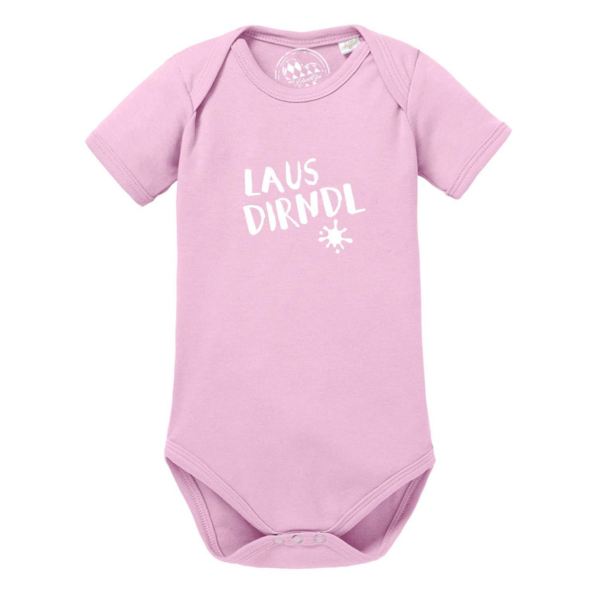 Rosa Baby Body Lausdirndl mit weißem Schriftzug und Stern-Motiv, kurzärmelig, Druckknöpfe im Schritt.