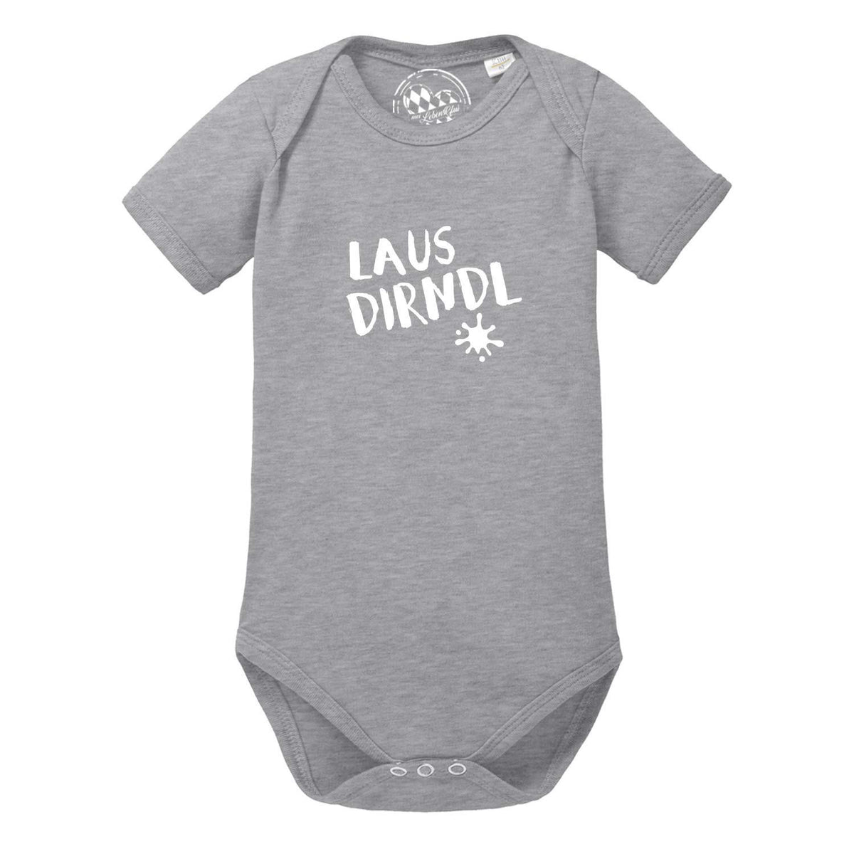 Grauer Baby Body Lausdirndl mit weißem Schriftzug und Spritzer Motiv, kurzärmlig mit Druckknöpfen.