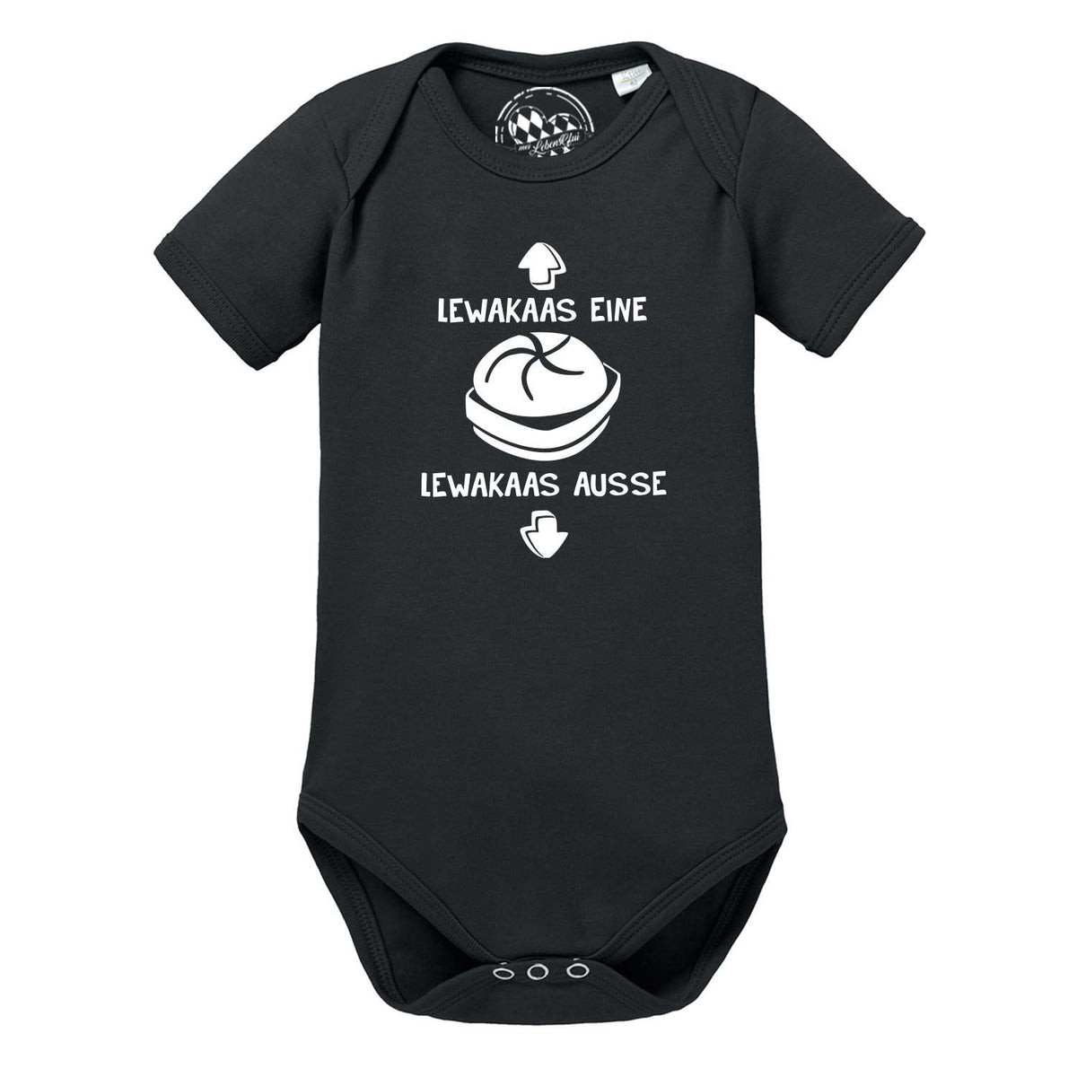 Schwarzer Baby Body "Lewakaas" mit lustigem weißem Aufdruck und bayerischem Spruch, kurzärmlig.