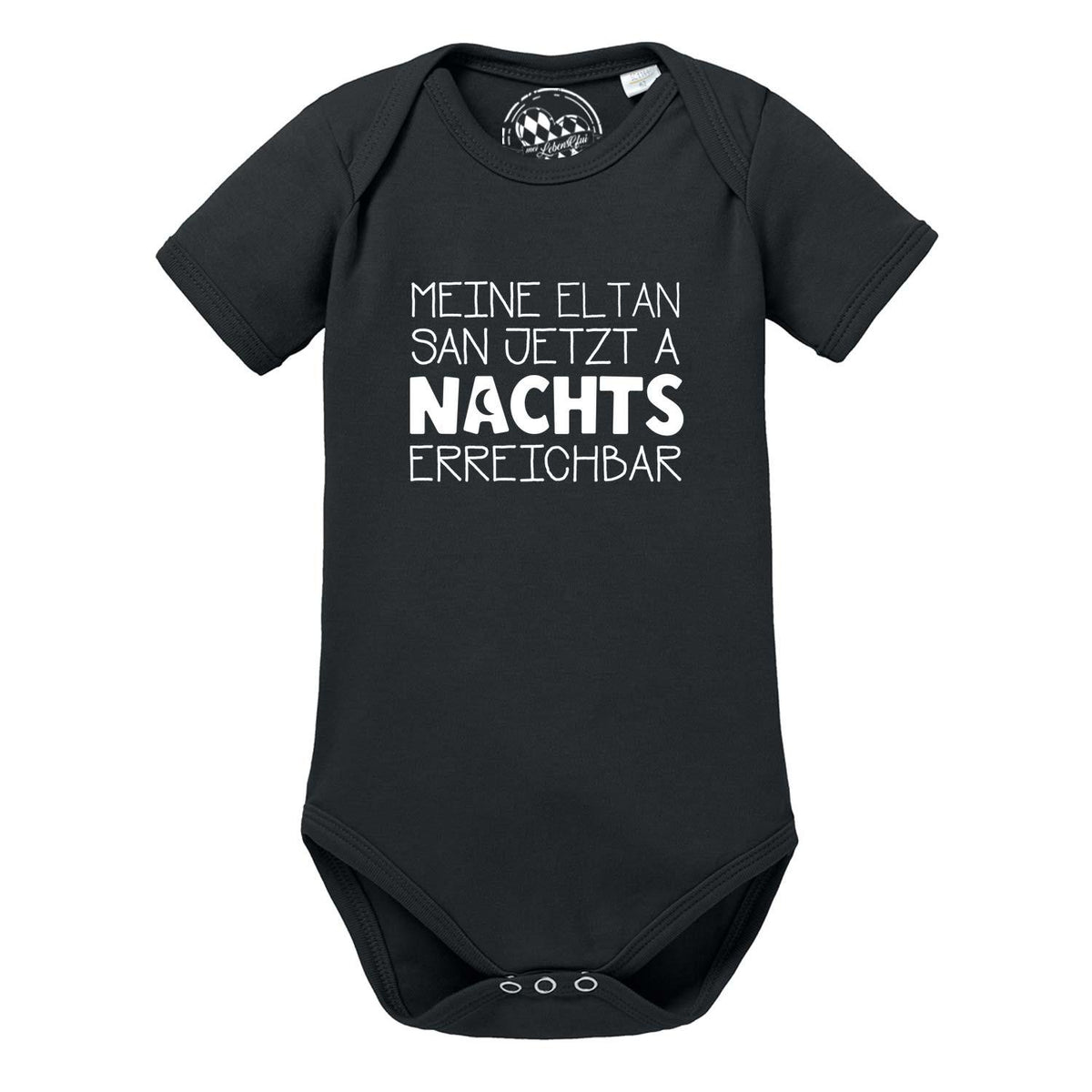Schwarzer Baby Body "Nachts erreichbar!" mit lustigem Spruch in weißer Schrift, kurze Ärmel, Druckknöpfe im Schritt.