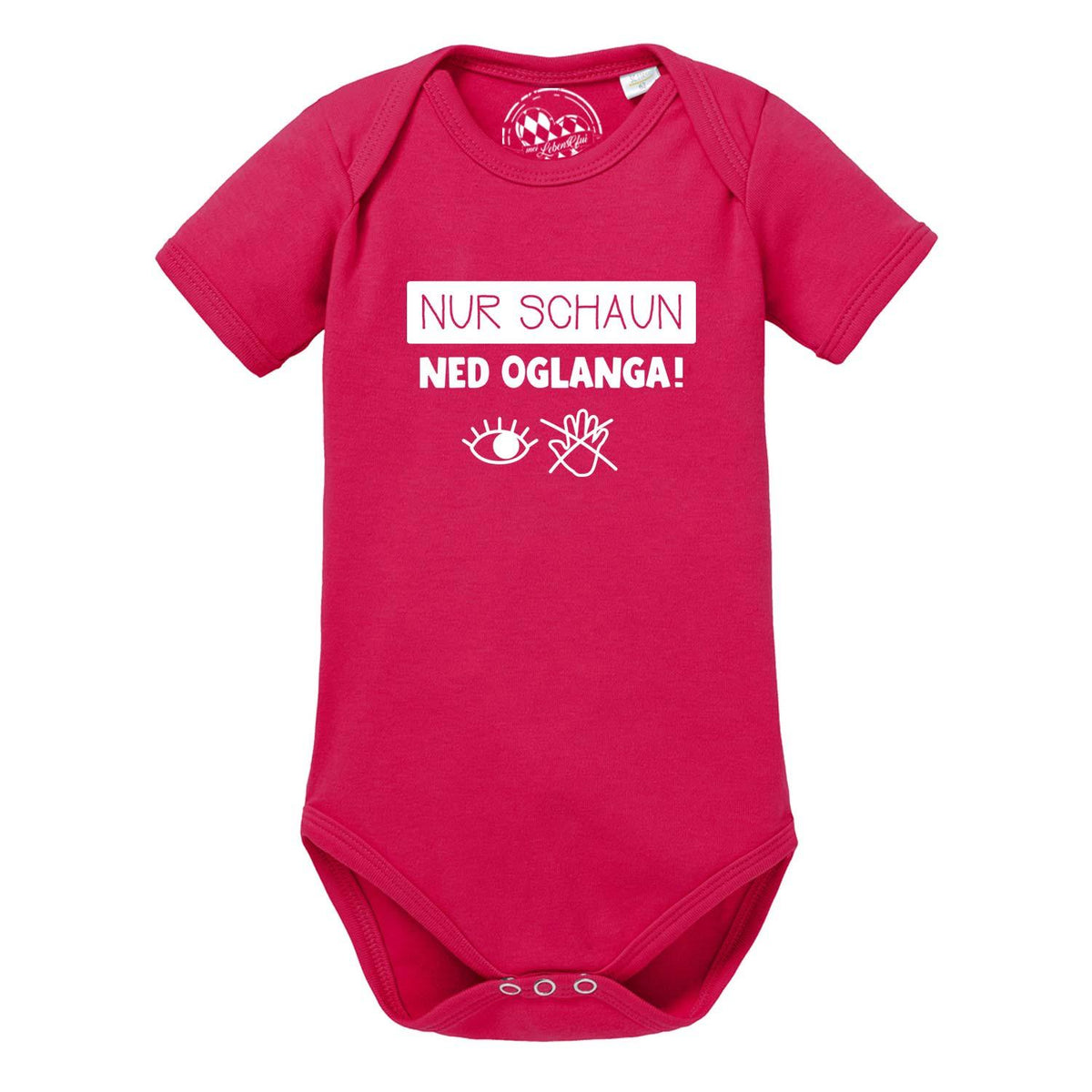 Baby Body Nur schaun… in leuchtendem Pink mit weißem Schriftzug und süßen Augen- und Hand-Icons.