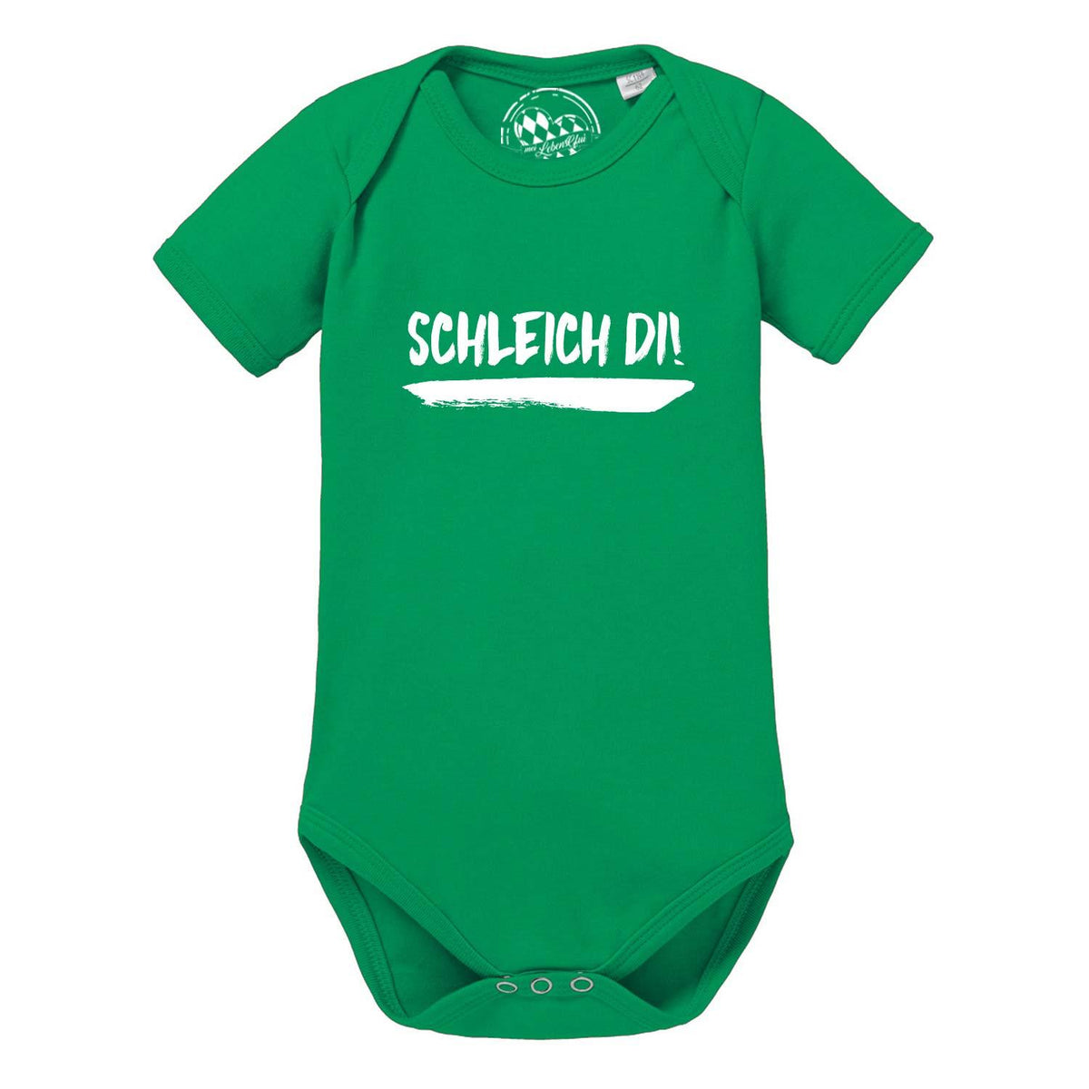 Grüner Baby Body Schleich Di! mit weißem Schriftzug und Druckknöpfen im Schritt, weiche Baumwolle.