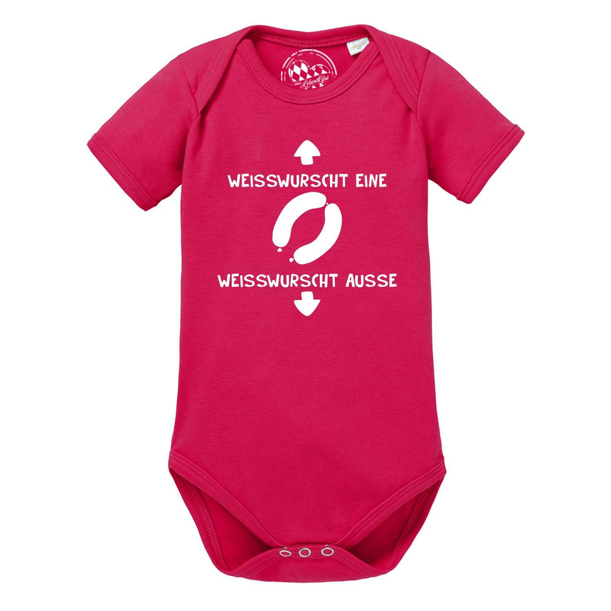 Baby Body Weißwurscht in kräftigem Pink mit weißem Spruch "Weißwurscht eine Weißwurscht ausse" und Wurst-Motiv.