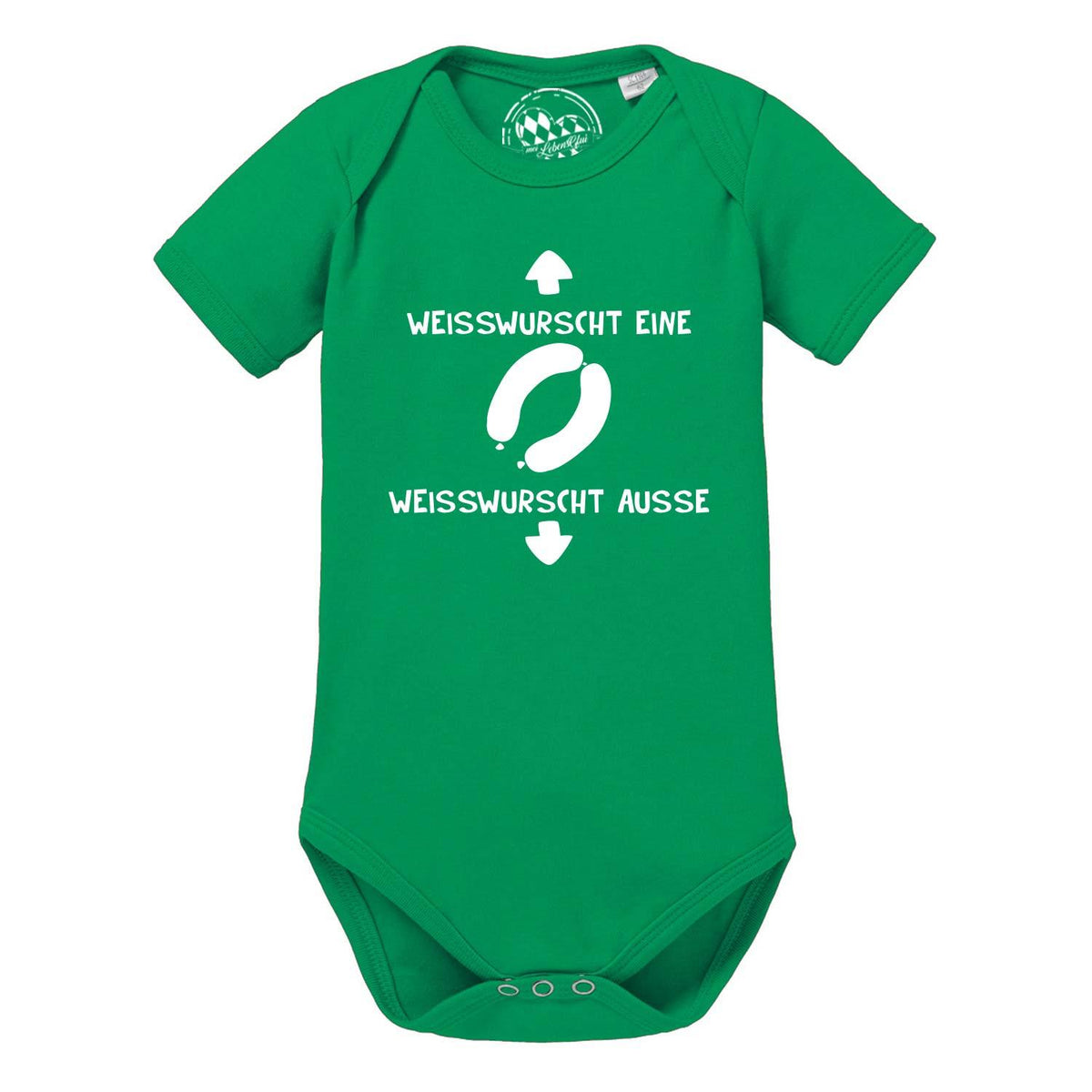 Grüner Baby Body Weißwurscht mit lustigem Spruch Weißwurscht eine Weißwurscht ausse und Pfeilen.