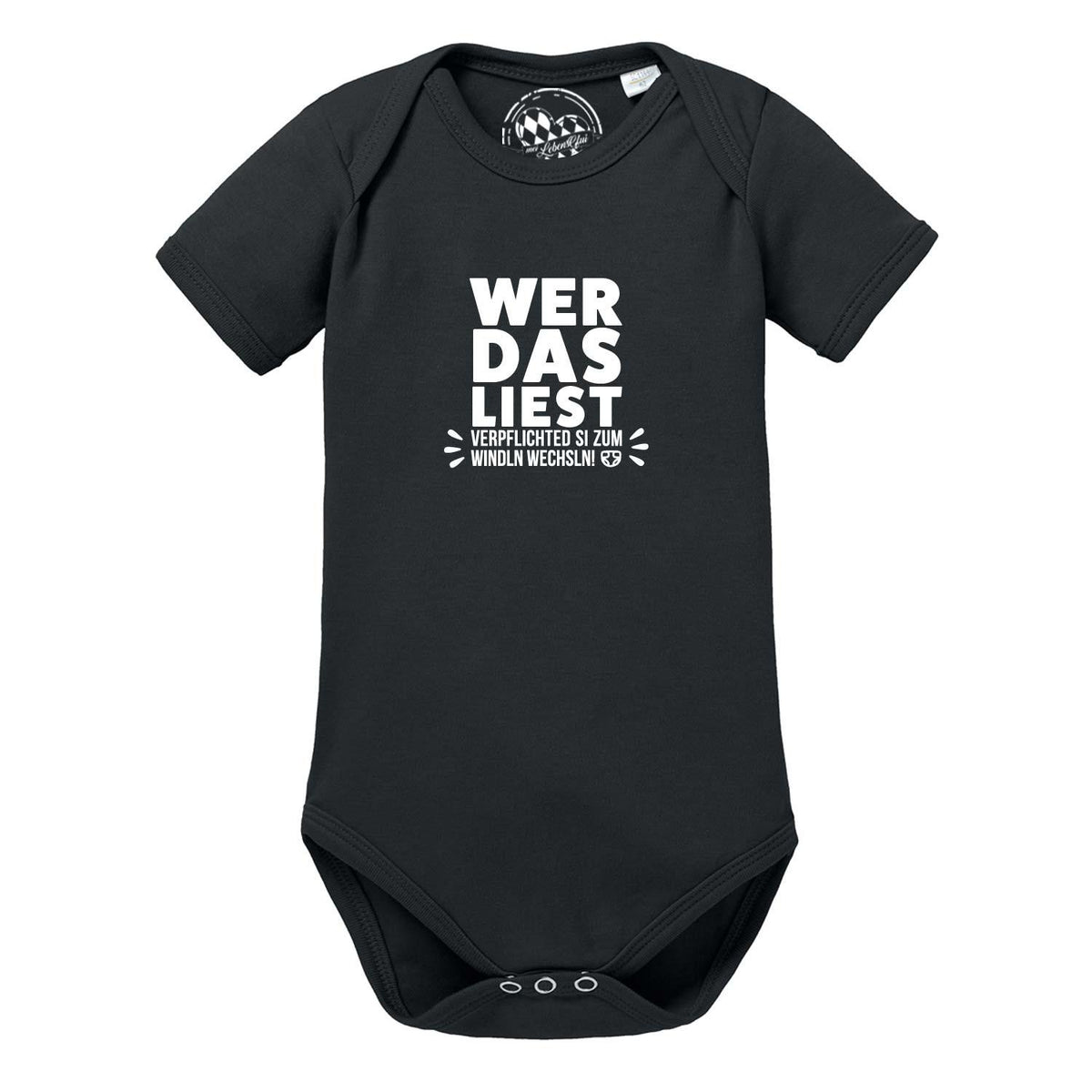 Schwarze Baby Body Windln wechsln mit weißem Aufdruck und kurzem Arm, weicher Baumwolle für Neugeborene.