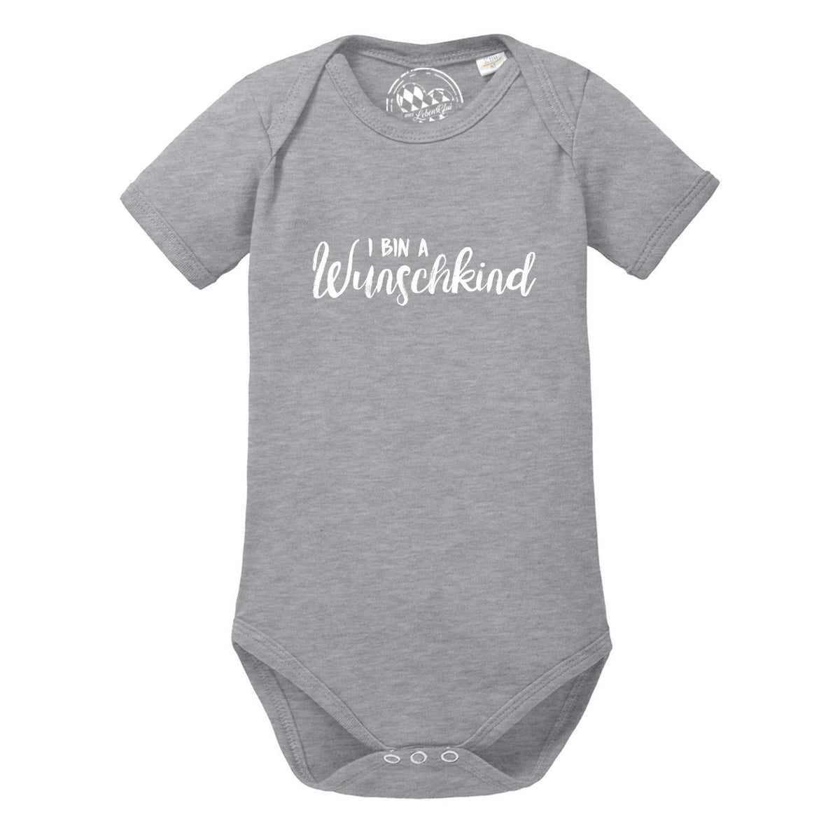 Grauer Baby Body Wunschkind mit weißer Aufschrift "i bin a Wunschkind" für Neugeborene und Kleinkinder, weicher Baumwollstoff.