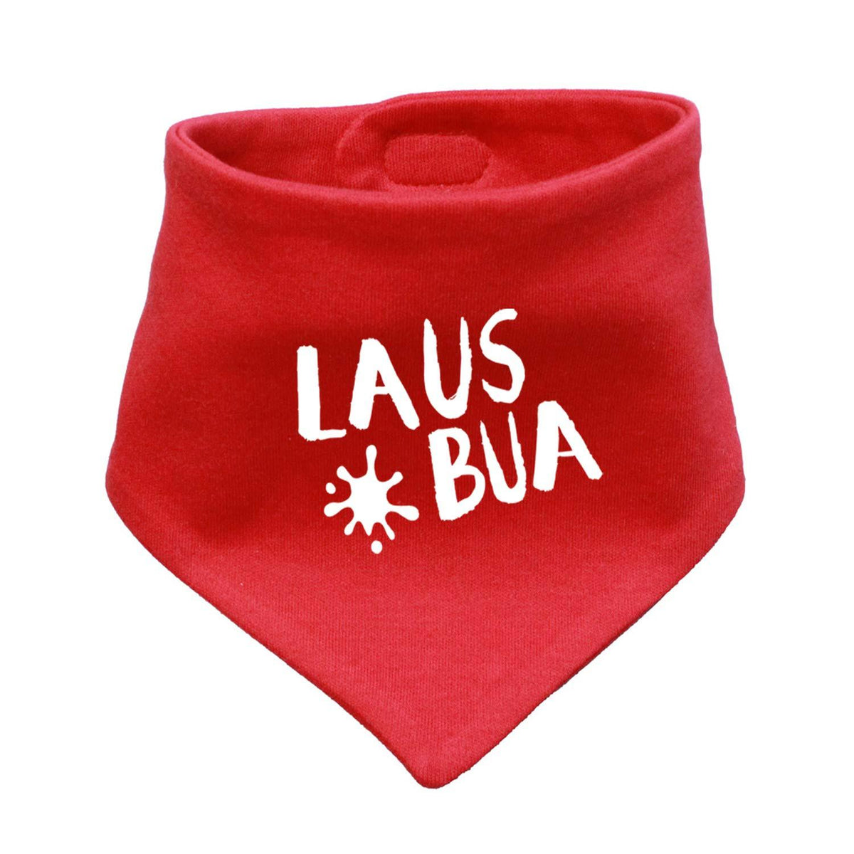 Rotes Babyhalstuch "Lausbua" mit weißem Schriftzug und Sternen-Design, für Jungen und Mädchen.
