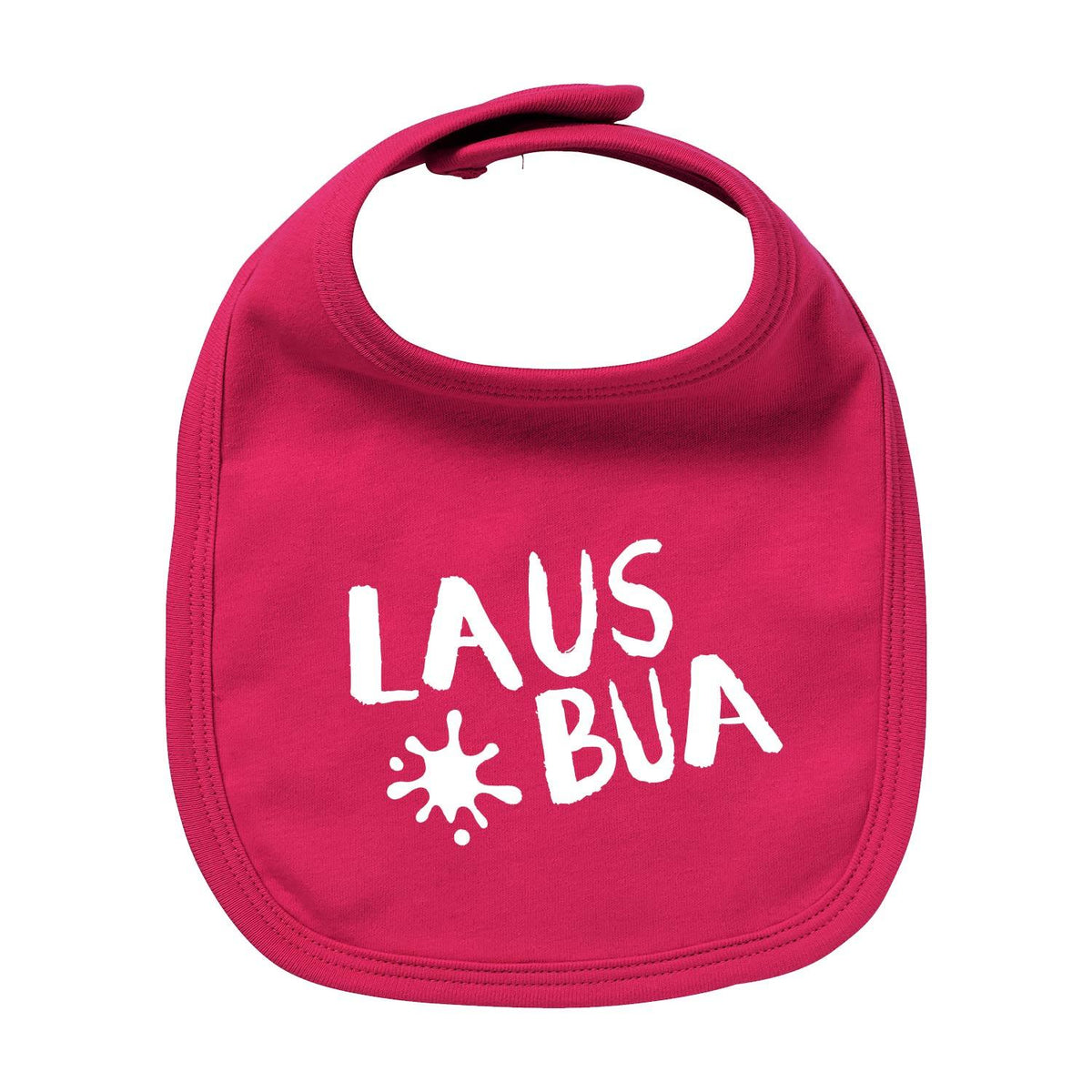 Fuchsia-farbenes Baby-Lätzchen Lausbua mit gesticktem, weißem Schriftzug und süßem Klecksmotiv.