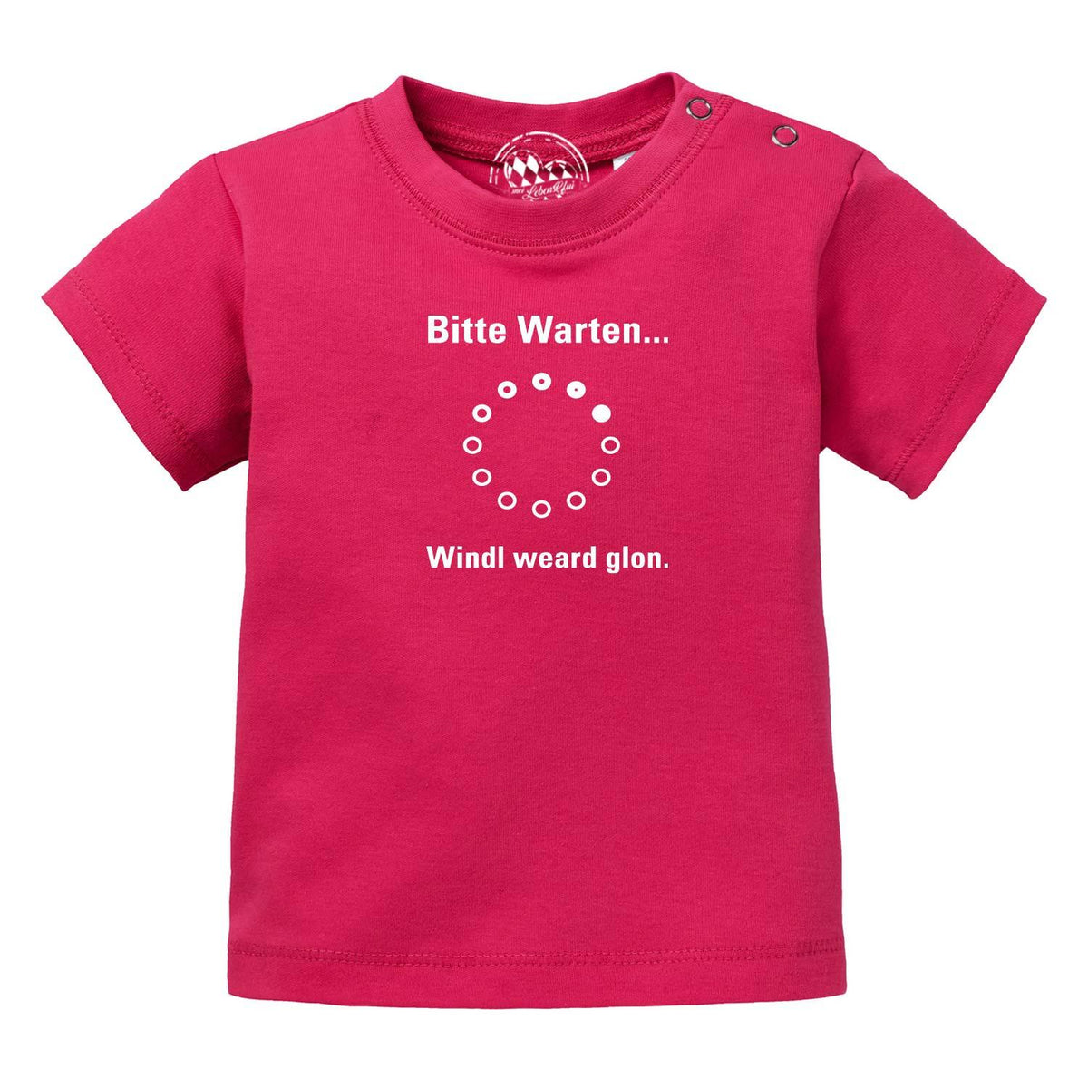 Baby T-Shirt Bitte wartn Windl weard glon in kräftigem Pink mit lustigem Ladekreis-Motiv.