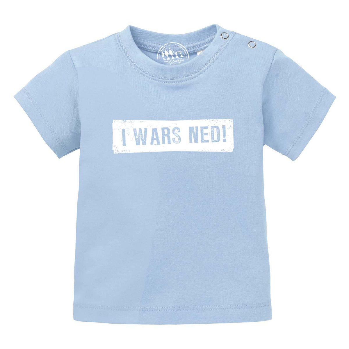 Helles Baby T-Shirt I wars ned! aus Baumwolle in Hellblau mit Druckknöpfen an der Schulter.