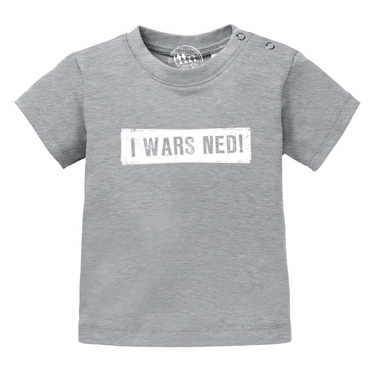 Graues Baby T-Shirt I wars ned! aus Baumwolle mit kurzem Arm und Druckknöpfen am Hals.