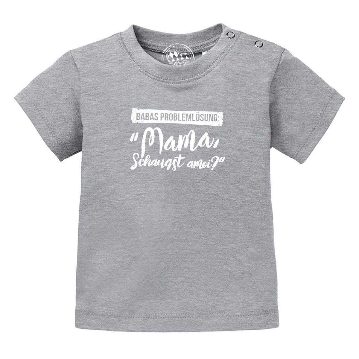 Weißes Baby-T-Shirt mit schwarzem Aufdruck "Papas Problemlösung" und Zeichnung, aus 100 % Bio-Baumwolle.