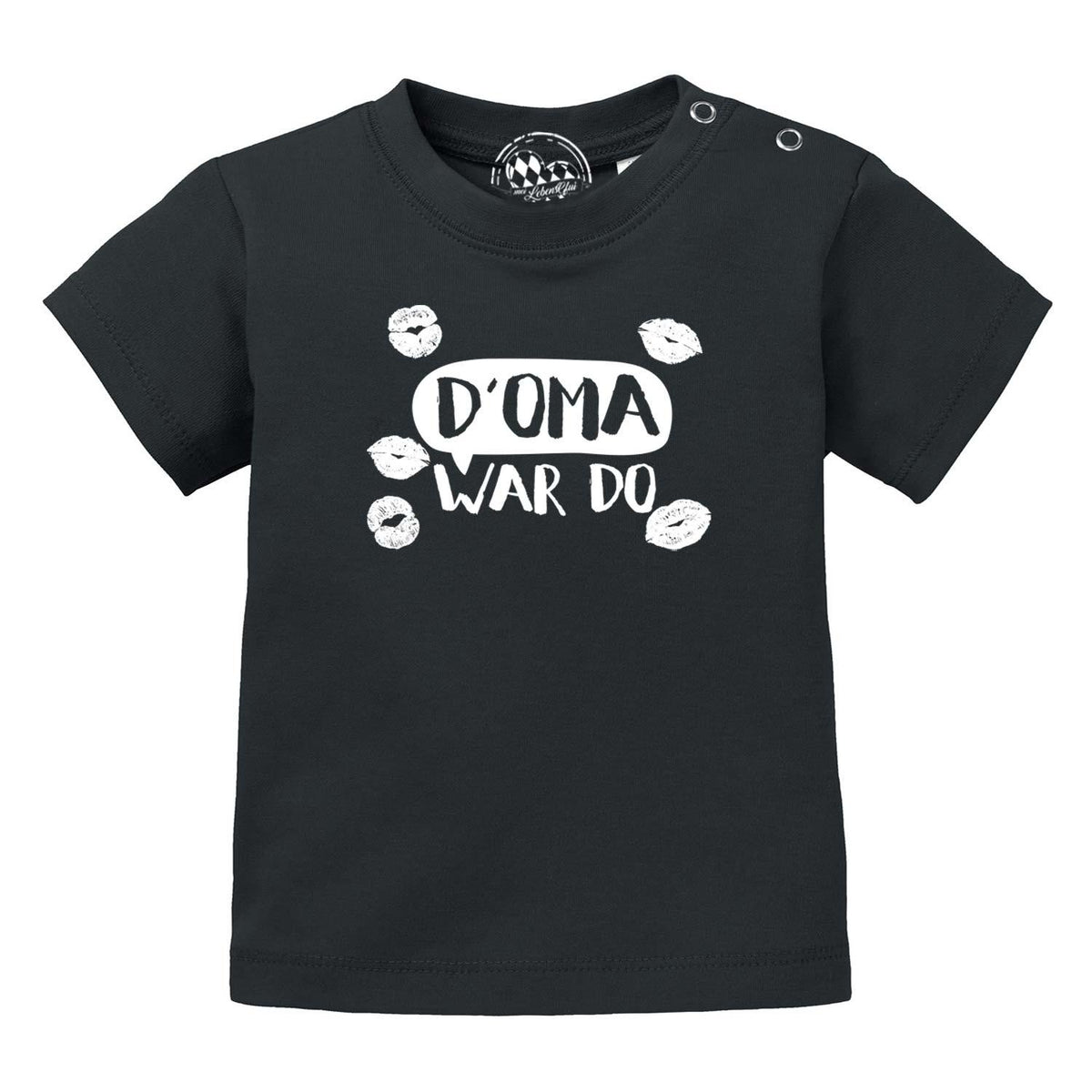 Schwarzes Baby T-Shirt D' Oma war do mit weißem Schriftzug und Kussmund-Motiven.