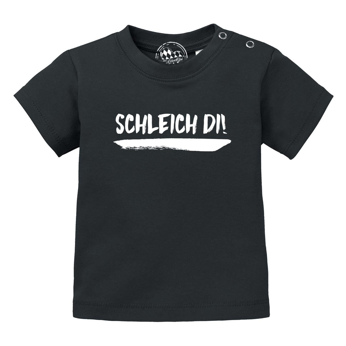 Schwarzes Baby T-Shirt Schleich di! mit weißem, aufgedrucktem Spruch und Druckknöpfen an der Schulter.