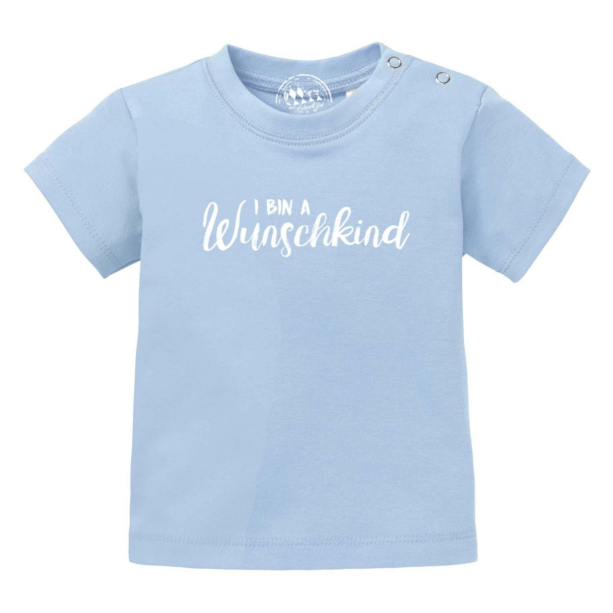 Helles blaues Baby T-Shirt Wunschkind mit weißem Schriftzug "I bin a Wunschkind" für Mädchen und Jungen, Größe 50-98