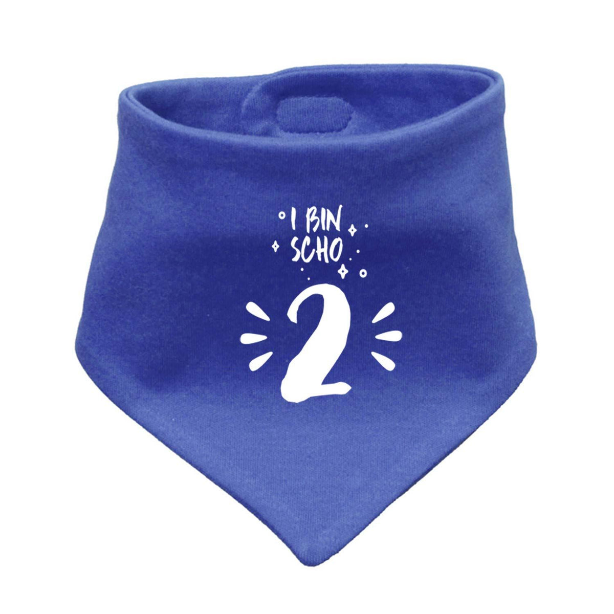 Blaues Babyhalstuch I bin scho 2 mit weißem Aufdruck und Klettverschluss. Perfekt für den 2. Geburtstag.
