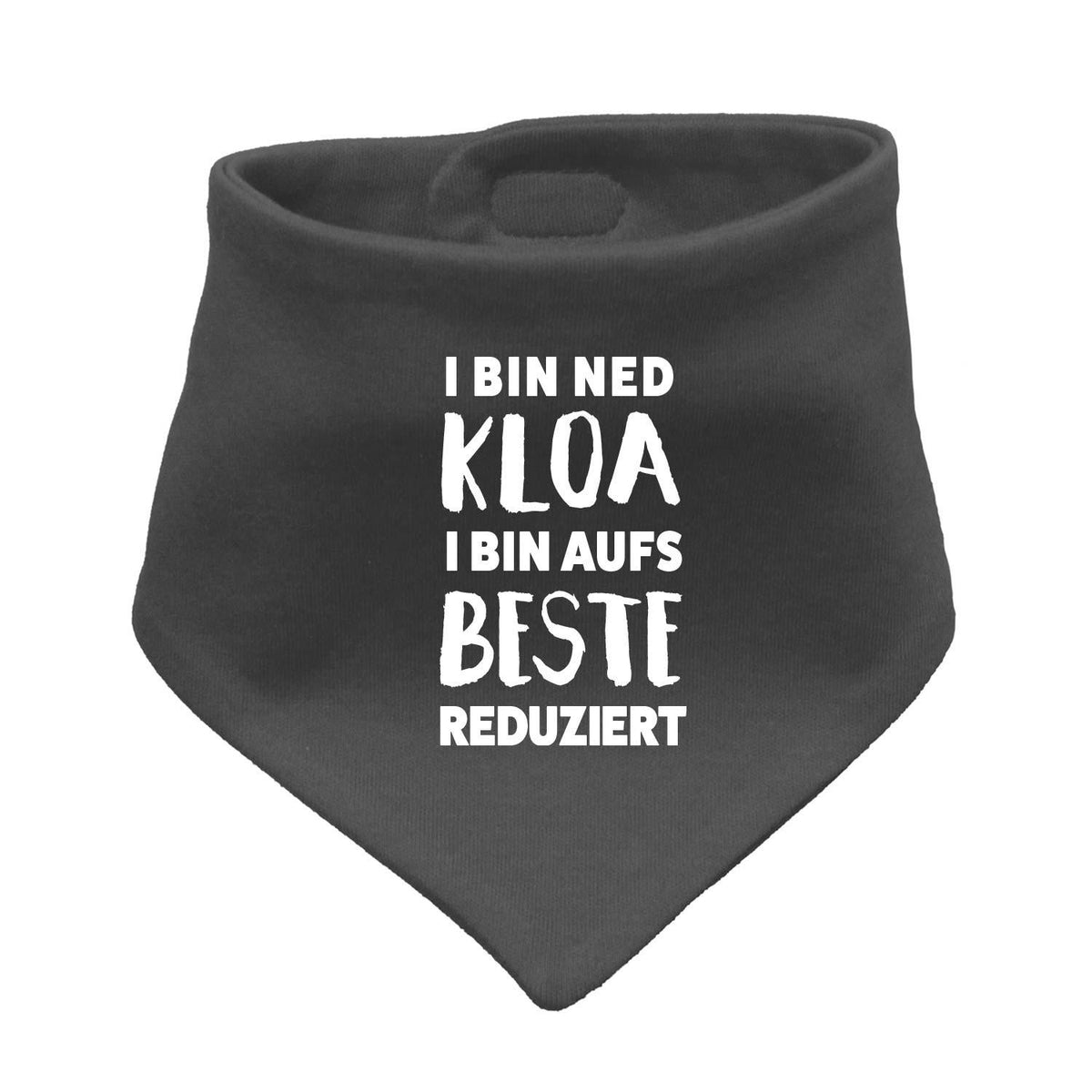Dunkelgraues Babyhalstuch "aufs Beste reduziert" mit weißem Spruch für Babys und Kleinkinder.