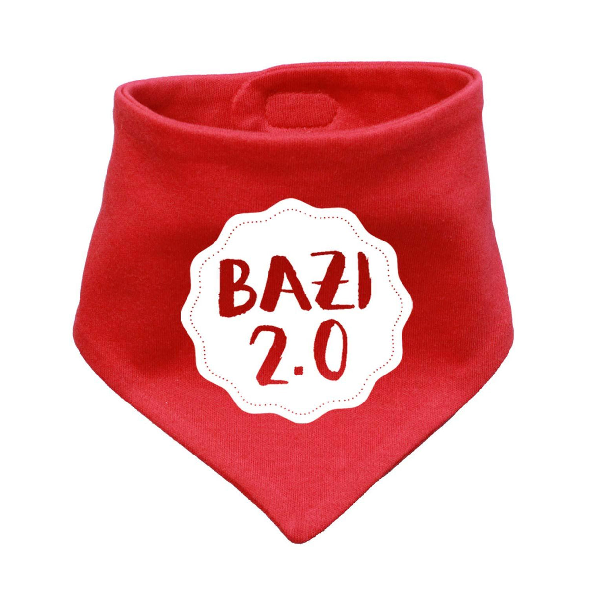 Rotes Babyhalstuch Bazi 2.0 mit weißem Schriftzug Bazi 2.0 in geschwungener Form, weiche Baumwolle.