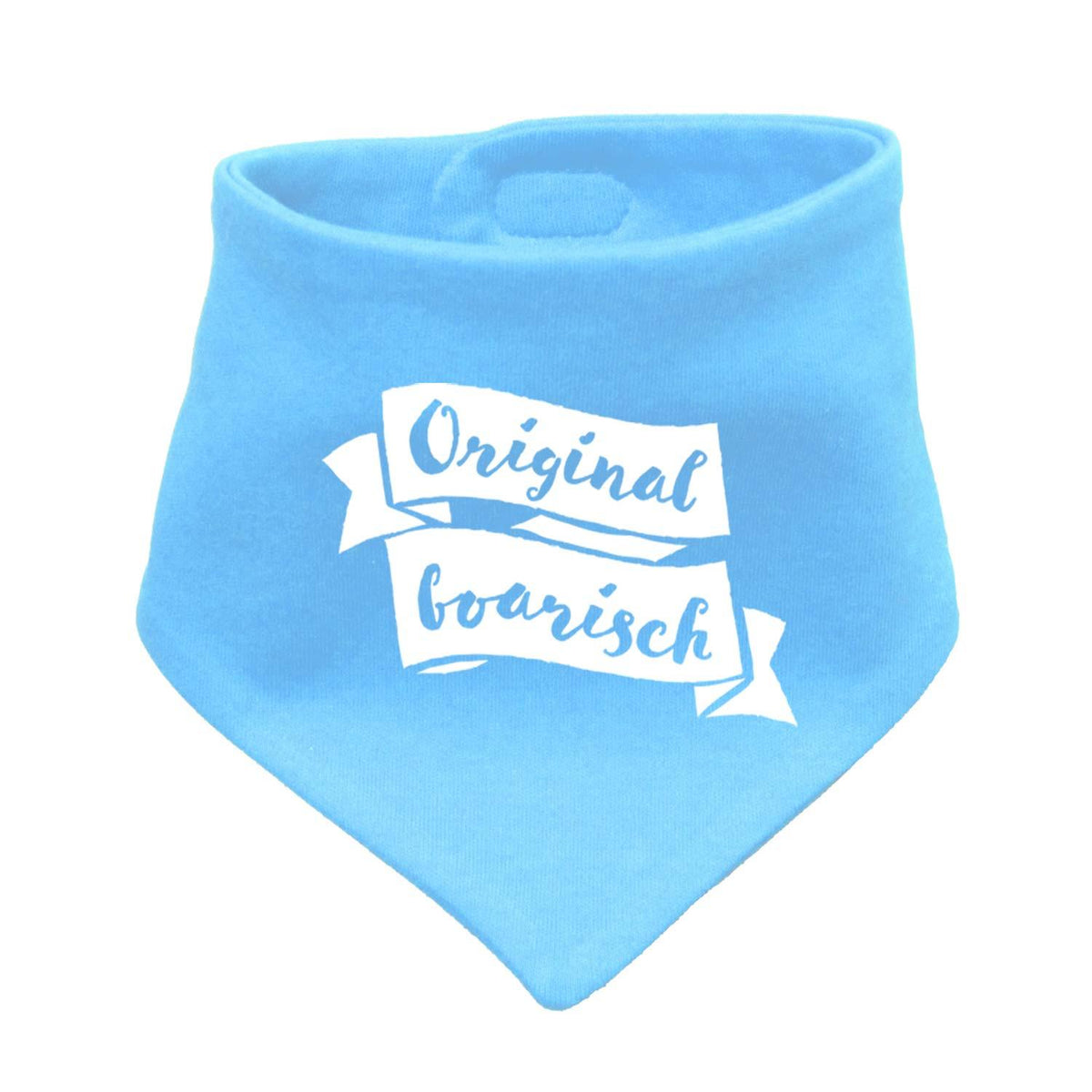 Babyhalstuch "Original boarisch" in hellem Blau mit weißem Schriftzug und bayerischem Spruch
