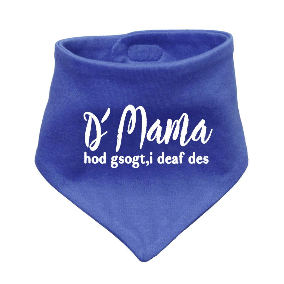 Blaues Babyhalstuch Mama sogt, i deaf des mit weißem Schriftzug, atmungsaktiver Baby-Sabberschutz.