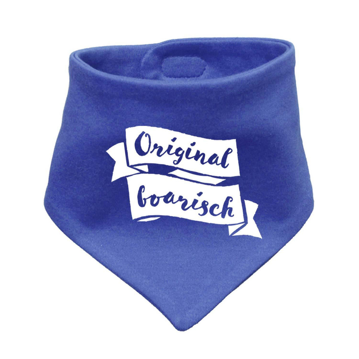 Babyhalstuch Original boarisch, blau mit weißem Schriftzug, atmungsaktiv, ideal für Neugeborene und Kleinkinder.