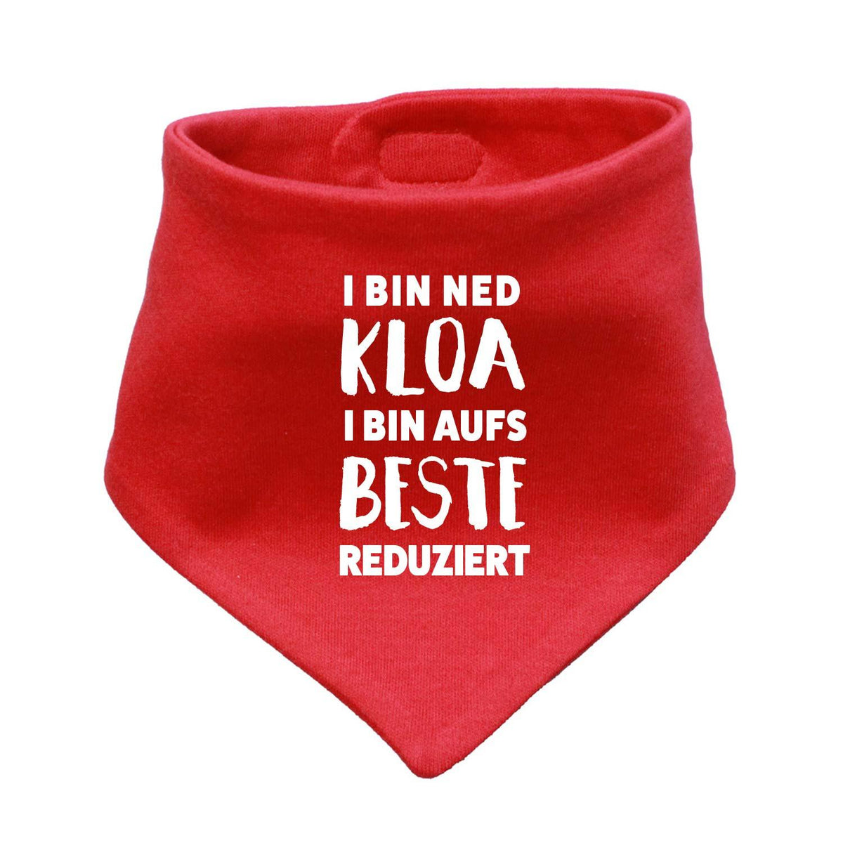 Dreieckiges Babyhalstuch in Hellgrau mit weißem Schriftzug „aufs Beste reduziert“ und feiner Webstruktur.