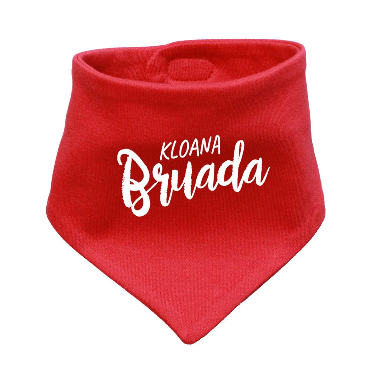 Rotes Babyhalstuch "Kloana Bruada" aus weicher Baumwolle mit weißem Schriftzug für Jungen.