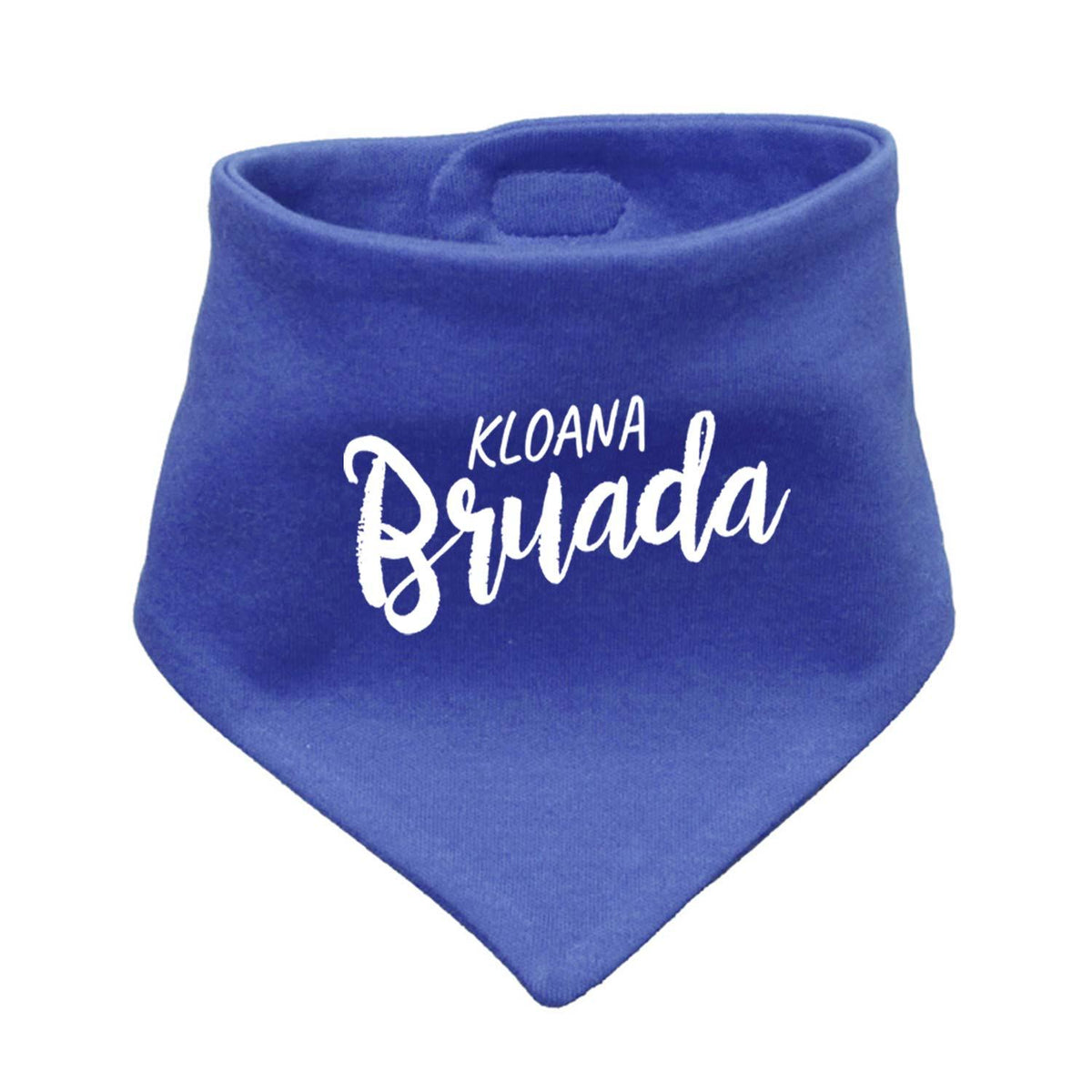 Blaues Babyhalstuch Kloana Bruada aus weicher Baumwolle mit weißem Schriftzug für Jungen.
