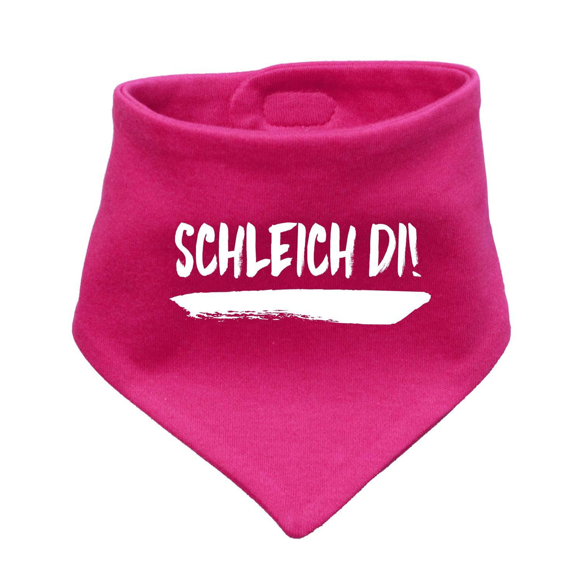 Pinkes Babyhalstuch "Schleich di!" mit weißer Schrift und unterstrichenem Design als lustiges Accessoire für Babys.