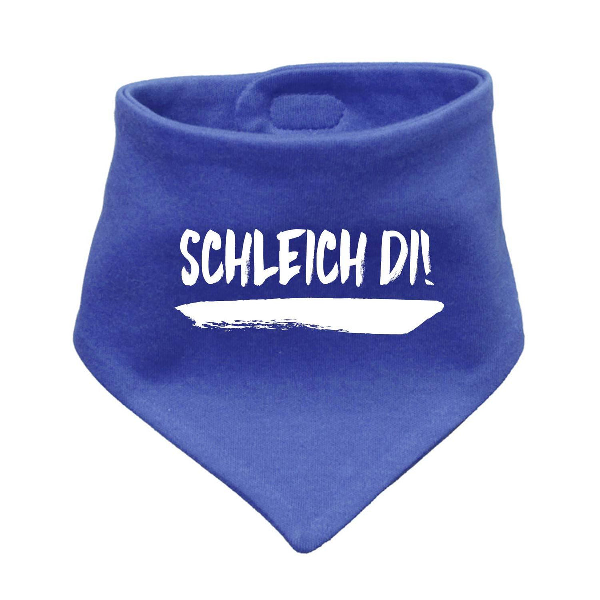 Blaues Babyhalstuch Schleiche di! mit weißem, bürstenähnlichem Aufdruck für Babys und Kleinkinder.