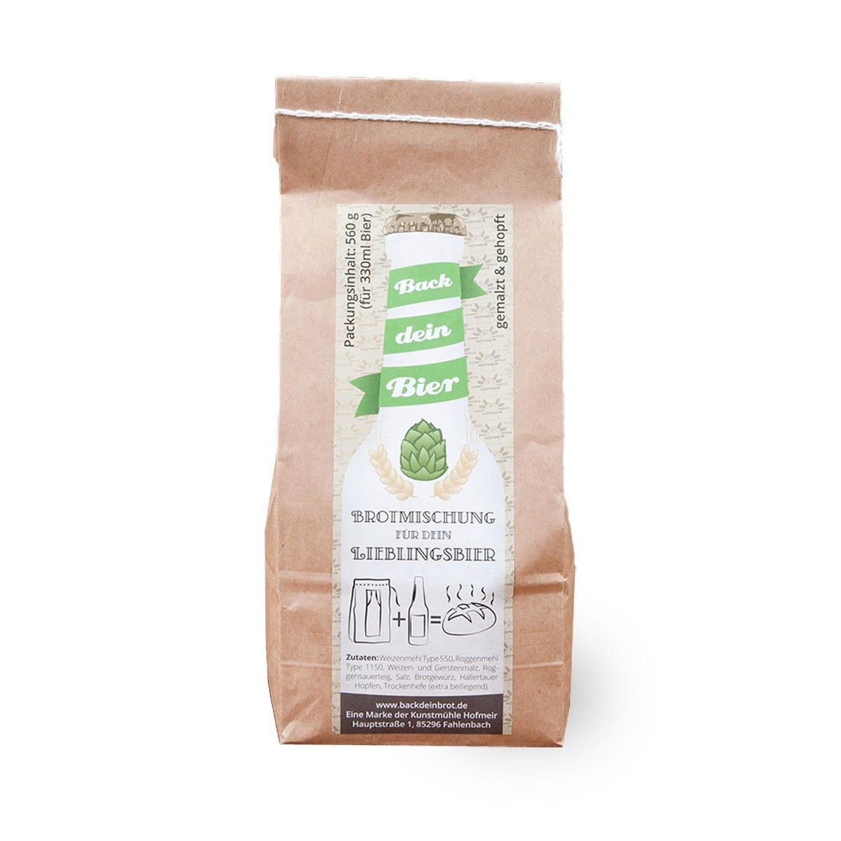 Backmischung für Bierbrot "Rund um's Bier" in brauner Papiertüte mit Hopfen-Design, 560g Packung