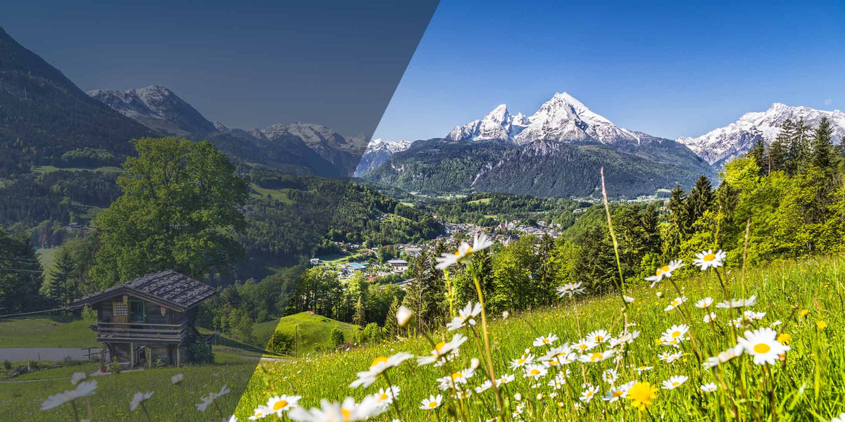 Idyllische Alpenlandschaft mit schneebedeckten Gipfeln, blühender Wiese und traditionellem Holzhaus in Berchtesgaden.