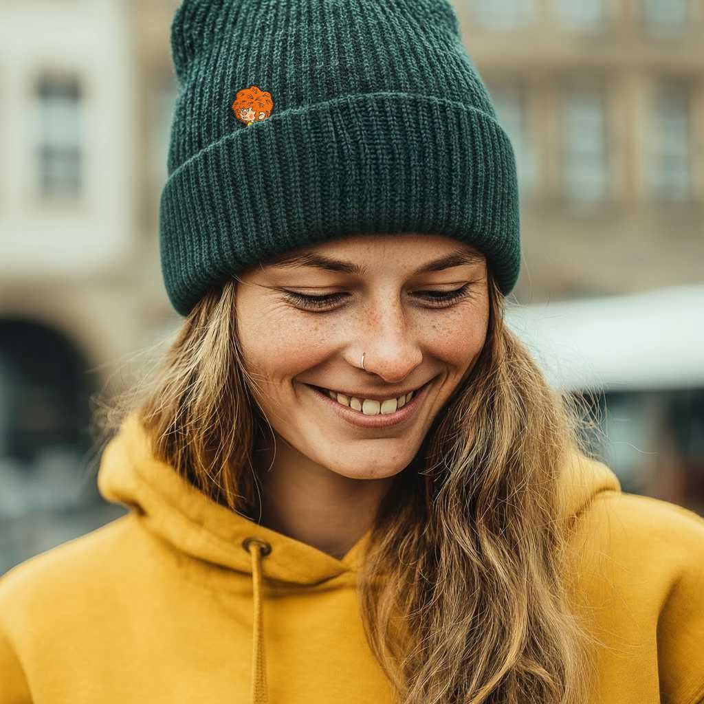 Lächelnde Frau trägt dunkle Pumuckl Beanie aus Baumwolle mit auffälligem Pumuckl-Emblem und gelbem Hoodie.