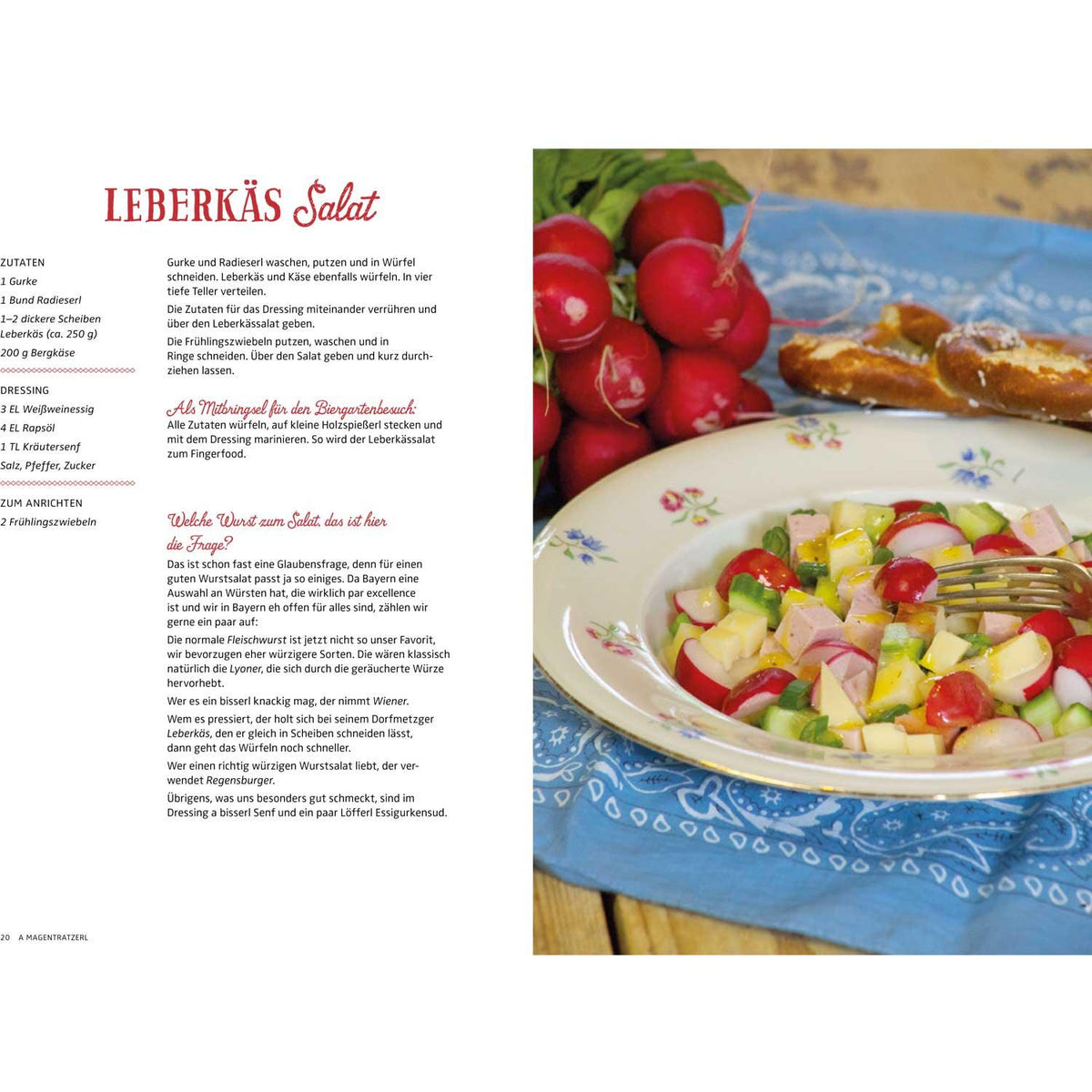 Bayrischer Leberkäs Salat mit Radieschen, Gurke, Käse und Breze auf blauem Tischtuch.
